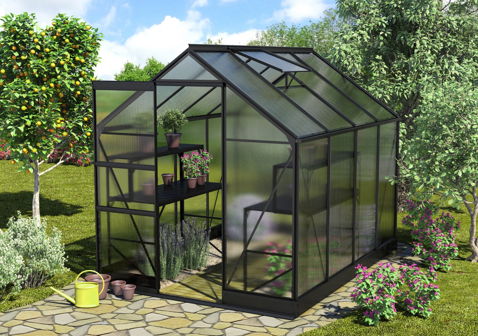 Comfort Edition Apollo 5000 HKP6mm, schwarz inkl. automatischem Fensteröffner, Alutisch und Tropfschlauch für Hoch- und Frühbeete