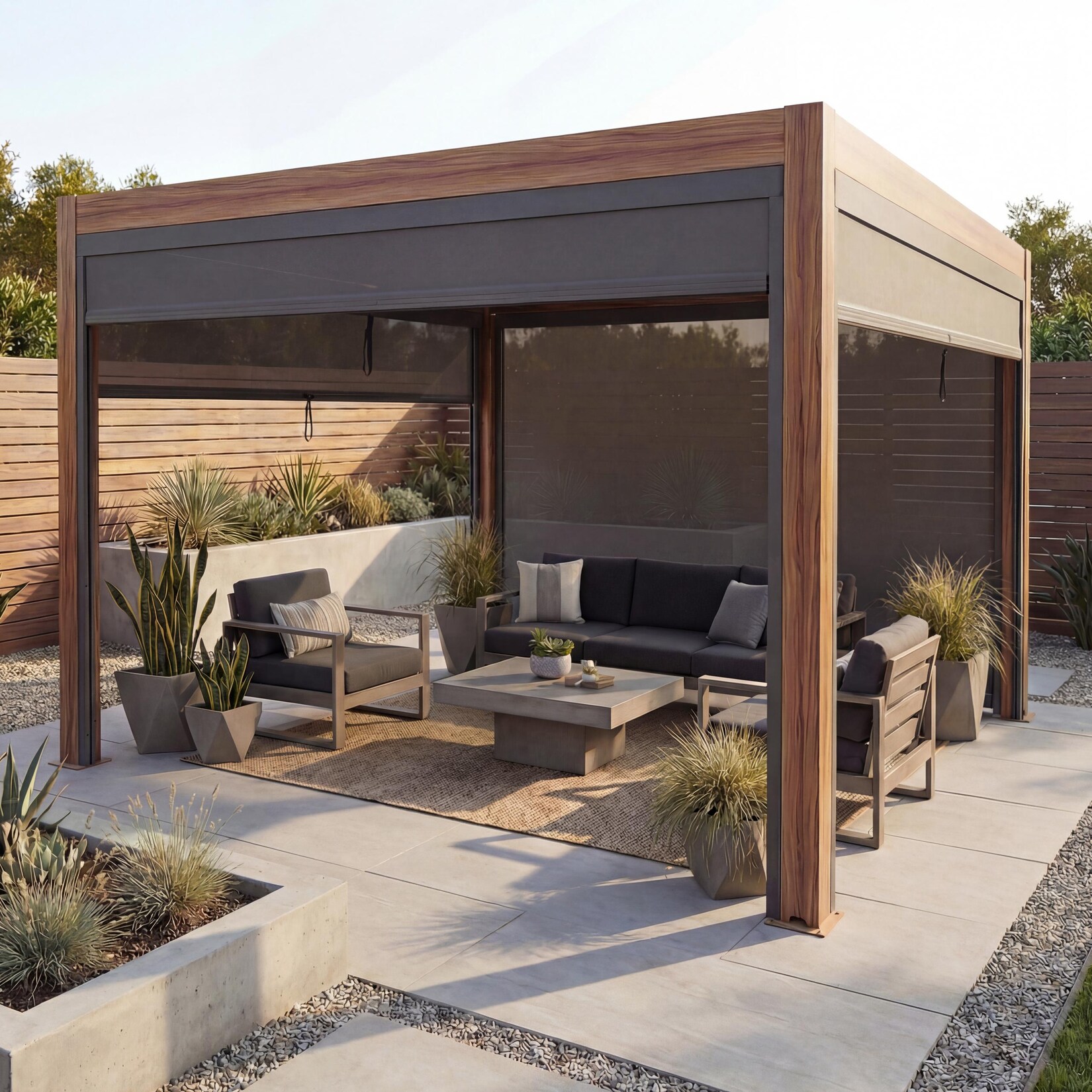 Pergola -L46 mit Seitenwand, Lamellen-Pavillon Rollo, 10cm-Alu-Gestell, sturmfest 3x4m ~ Gestell Holzoptik, anthrazit