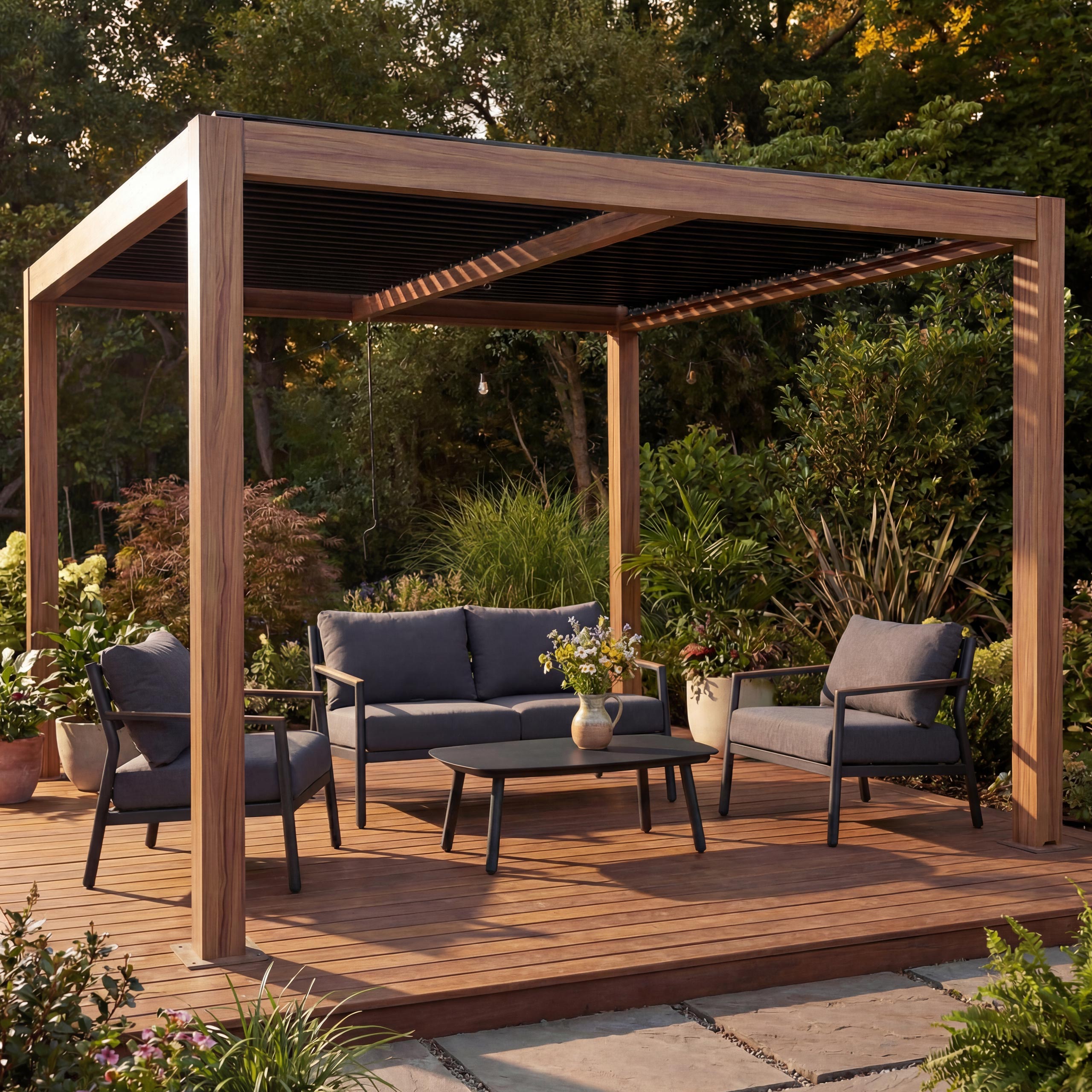 Pergola MCW-L46, Gartenpavillon Lamellen-Pavillon, 10cm-Aluminium-Gestell, Regenrinne sturmfest, 3x4m ~ Holzoptik 