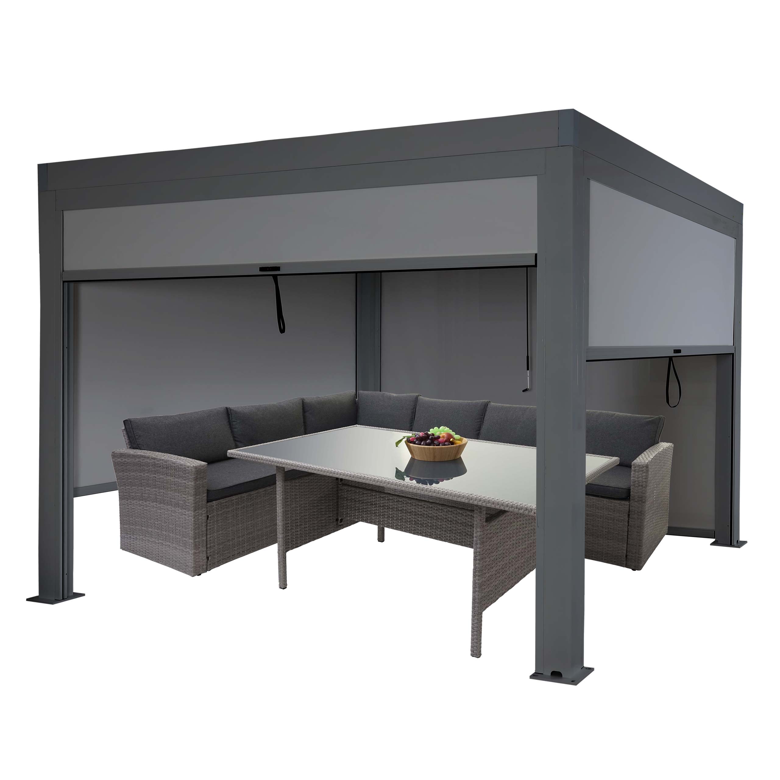 Pergola MCW-L46 mit Seitenwand, Gartenpavillon Lamellen-Pavillon Rollo, 10cm-Alu-Gestell, sturmfest 3x3m ~ anthrazit 