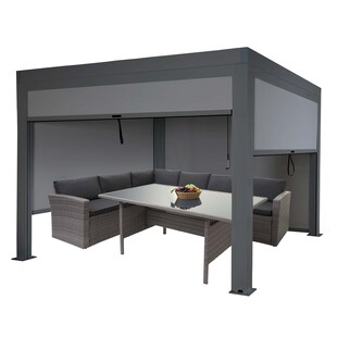 Pergola MCW-L46 mit Seitenwand, Gartenpavillon Lamellen-Pavillon Rollo, 10cm-Alu-Gestell, sturmfest 3x3m ~ anthrazit 