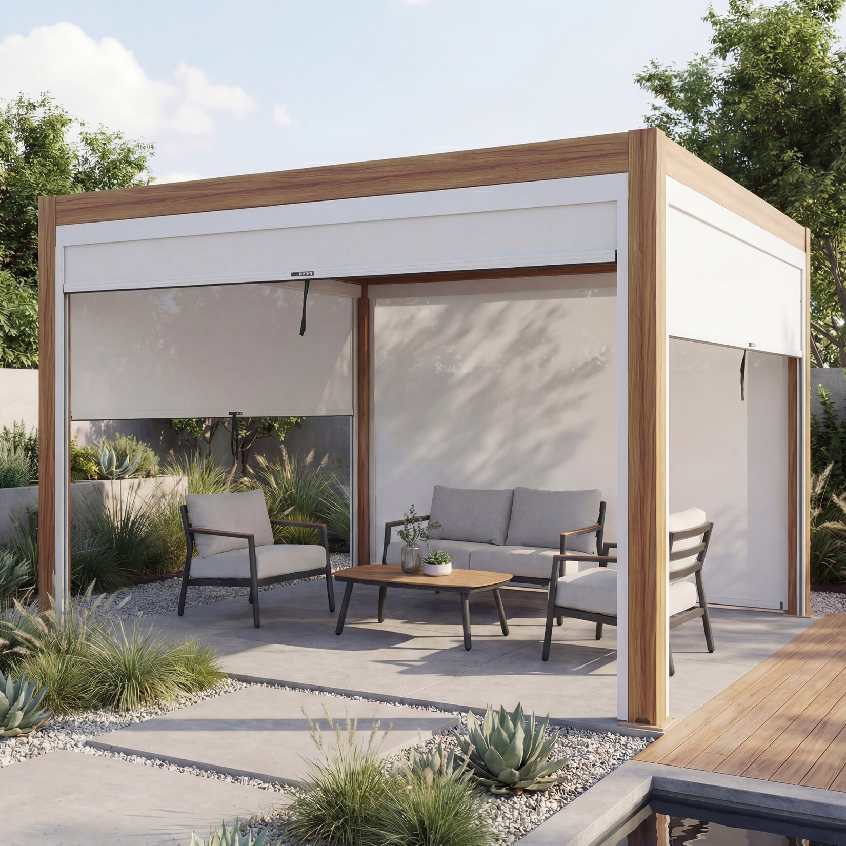 Pergola -L46 mit Seitenwand, Lamellen-Pavillon Rollo, 10cm-Alu-Gestell, sturmfest 3x3m ~ Gestell Holzoptik, weiß