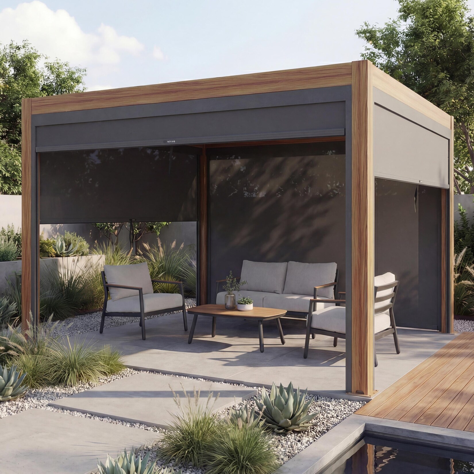 Pergola -L46 mit Seitenwand, Lamellen-Pavillon Rollo, 10cm-Alu-Gestell, sturmfest 3x3m ~ Gestell Holzoptik, anthrazit