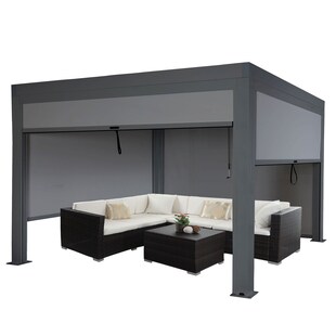 Pergola MCW-L46 mit Seitenwand, Gartenpavillon Lamellen-Pavillon Rollo, 11cm-Alu-Gestell, sturmfest 3x4m ~ anthrazit 