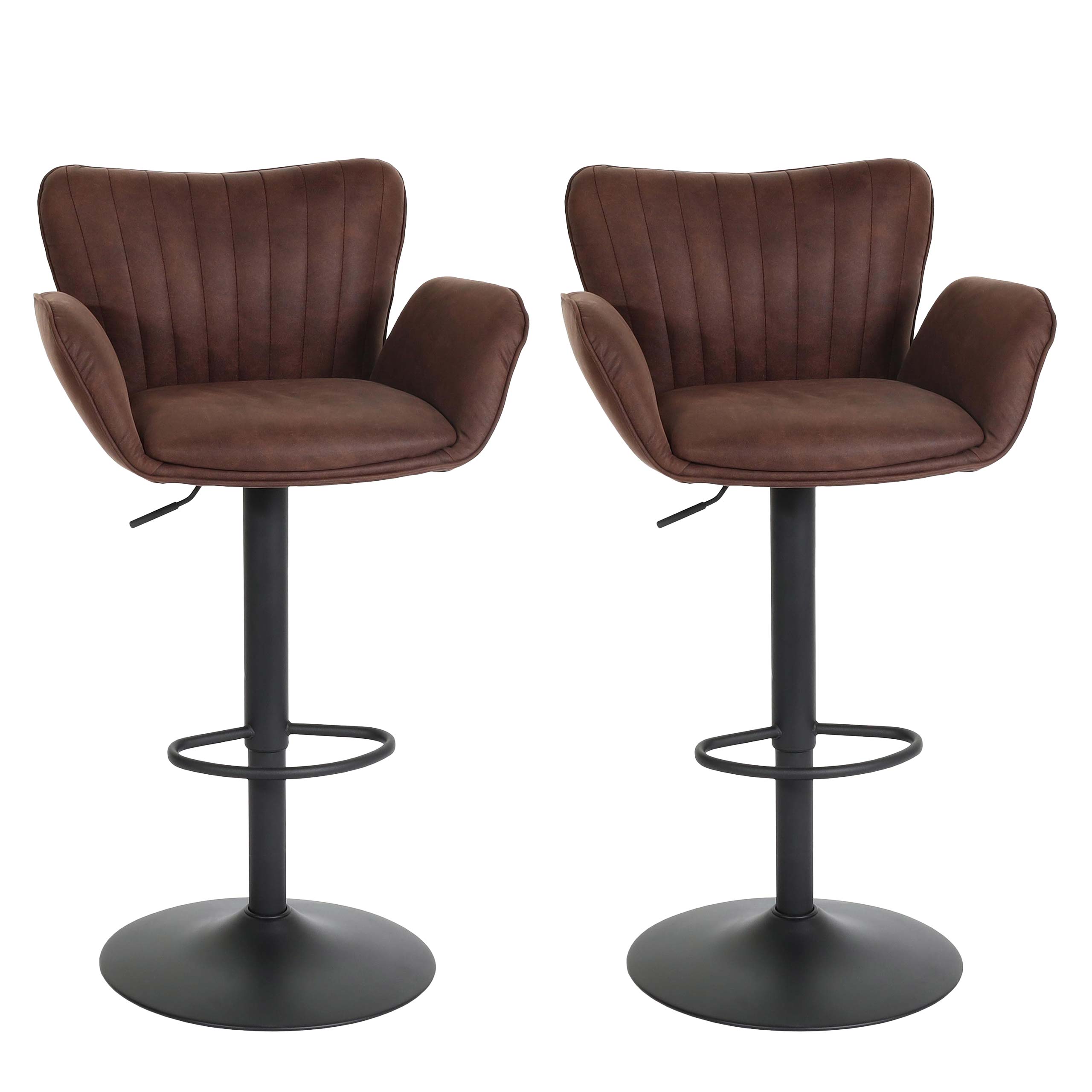 2er-Set Barhocker MCW-M67, Barstuhl, mit Armlehne Fu&szlig;ablage drehbar Stoff/Textil Eisen MVG ~ dunkelbraun Fu&szlig; schwarz 