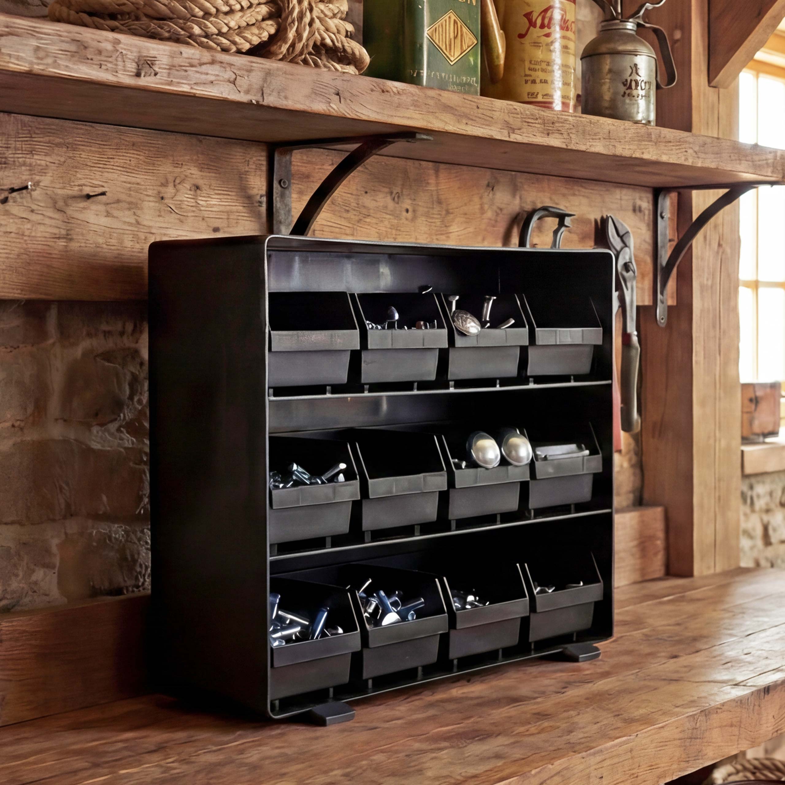 Aufbewahrungsbox MCW-M10, Lagersystem Kleinteileboxen, 12 herausnehmbare F&auml;cher, 30x33x8cm schwarz 