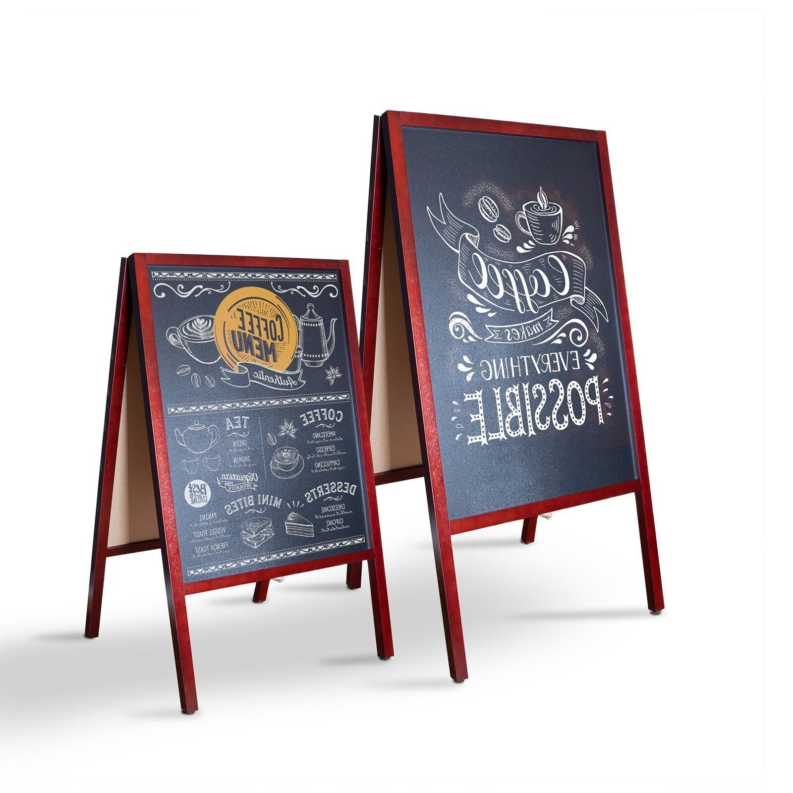 Karat – Panneau d'affichage extérieur pliable 51 x 4,5 x 81 cm – Cadre en bois de pin marron – 2 tableaux noirs inscriptibles – Charnières renforcées