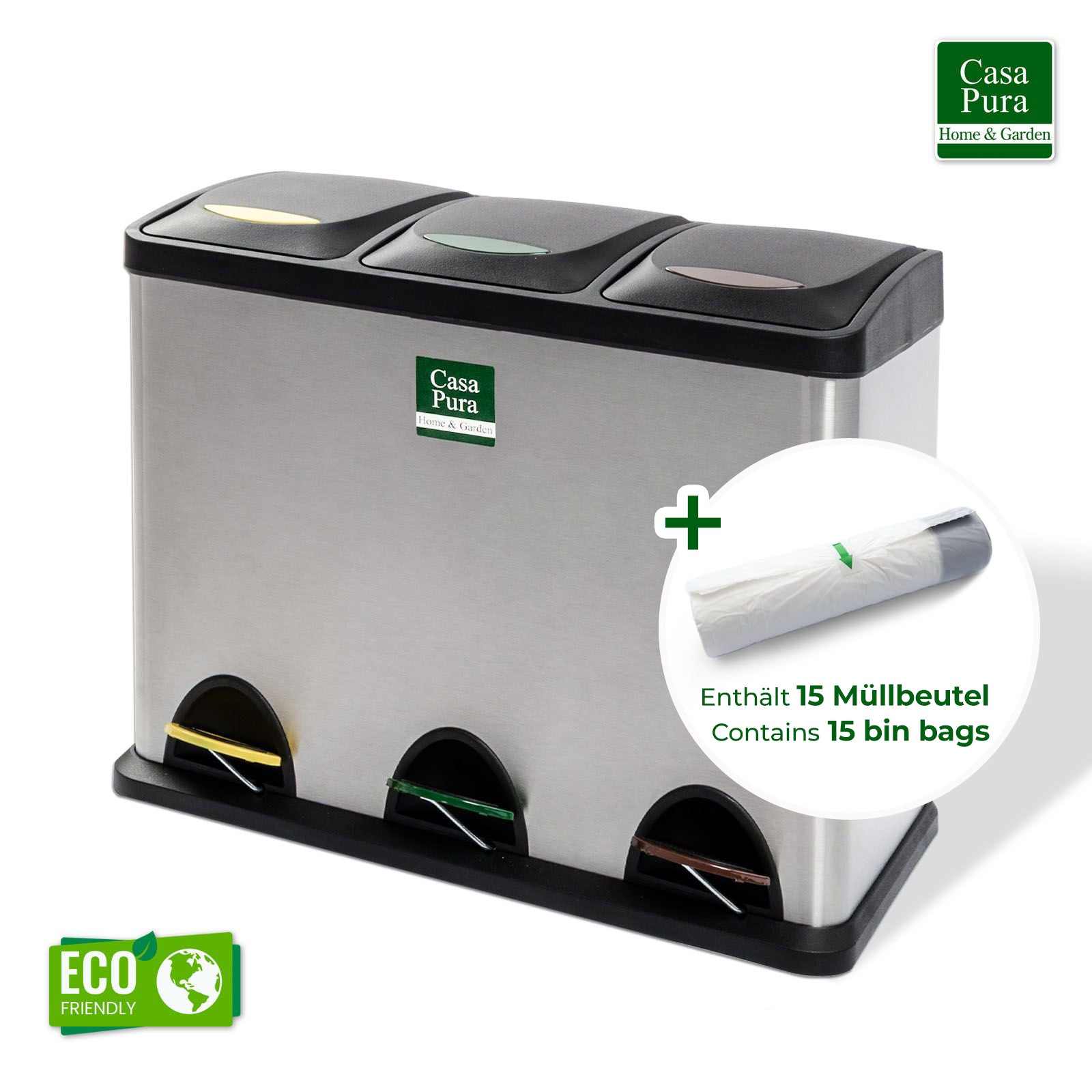 Casa Pura M&uuml;lleimer | Brandon | Trennsystem | 3 Kammern | Inkl. Rolle M&uuml;llbeutel 