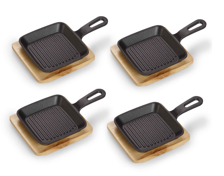 Quadtratische Servierpfanne aus Gusseisen, 4tlg. 