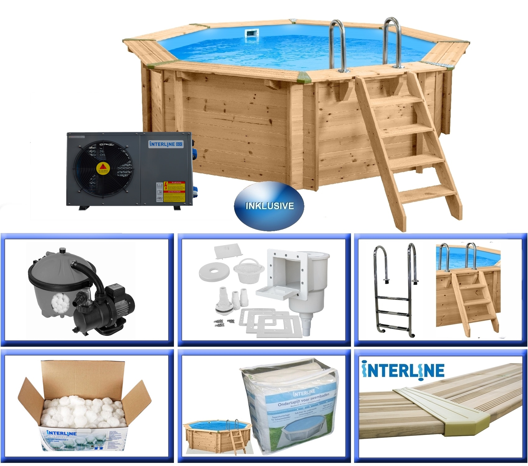 Interline Holzpool Java W&auml;rmepumpen Set &oslash; 3,55 m/ 1,16m + W&auml;rmepumpe 3,0KW im Set 