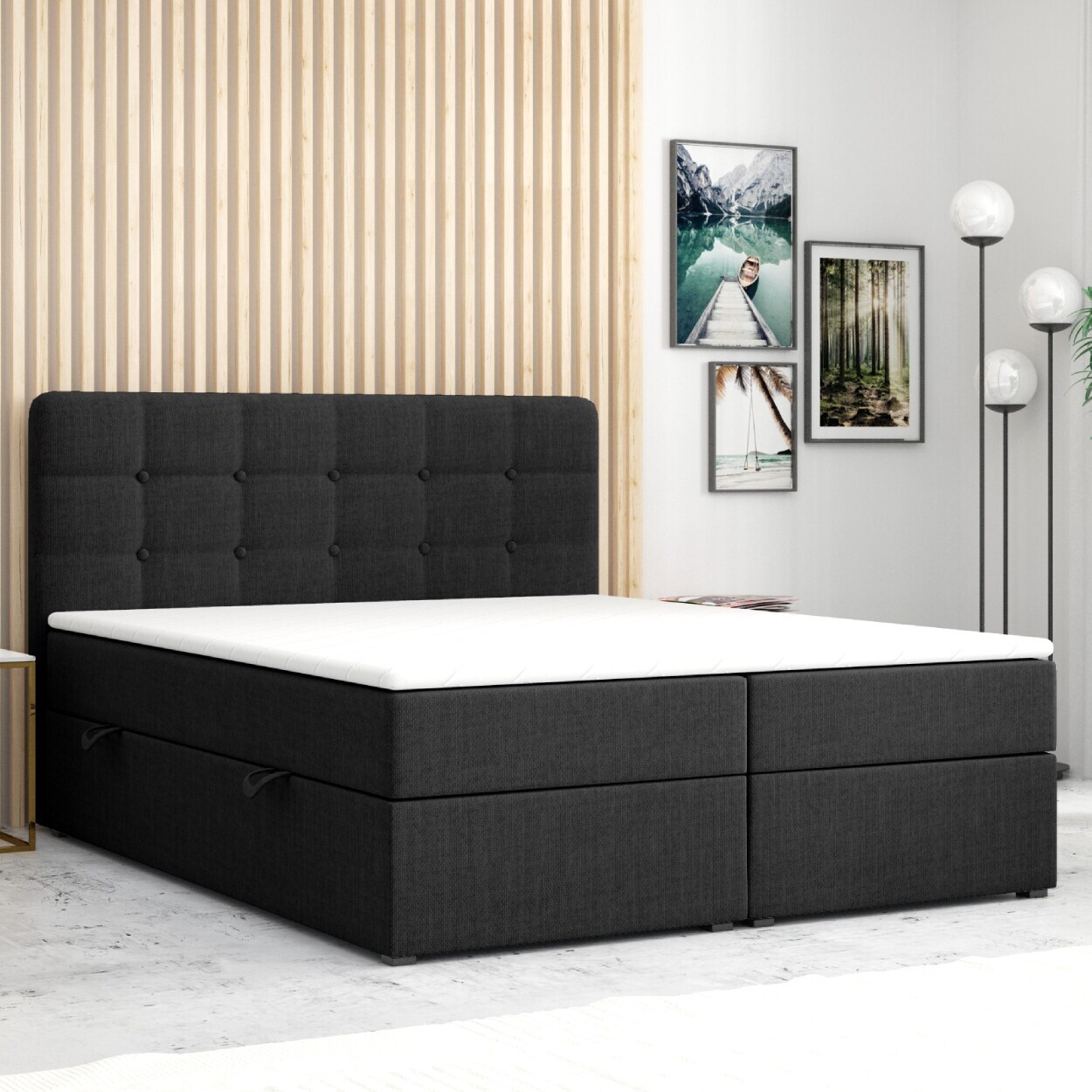 M-Punkt Boxspringbett Prag inkl. VISCO Topper (180 x 200 cm) mit Bettkasten Chesterfield - Schwarz