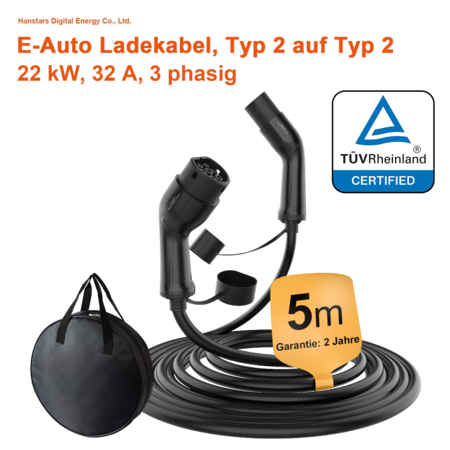 E-Auto-Ladekabel, Typ 2, 3-phasig, 32 A, 22 kW, 2,5m