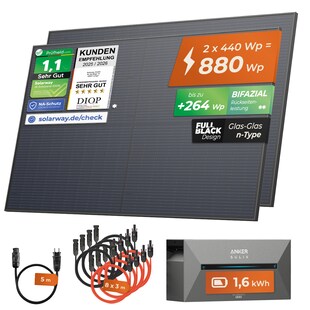 Solarway All In One 880W Balkonkraftwerk komplett Solarpaket mit 1,6 kWh Anker Solix 2 PRO Speicher, Plug&Play 