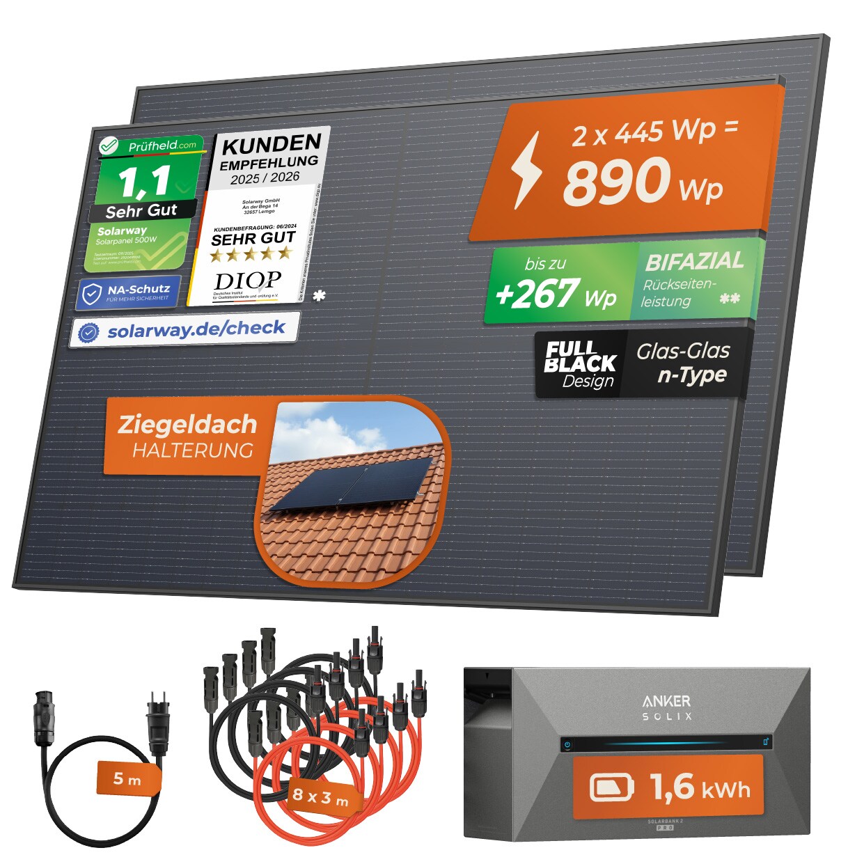 ® All In One Balkonkraftwerk mit Speicher 890W komplett Steckdose - 1,6 kWh Anker Solix 2 PRO Speicher - Solaranlage Komplettset - 445W bifaziale Solarmodule & Anker Speicher & Zubehör
