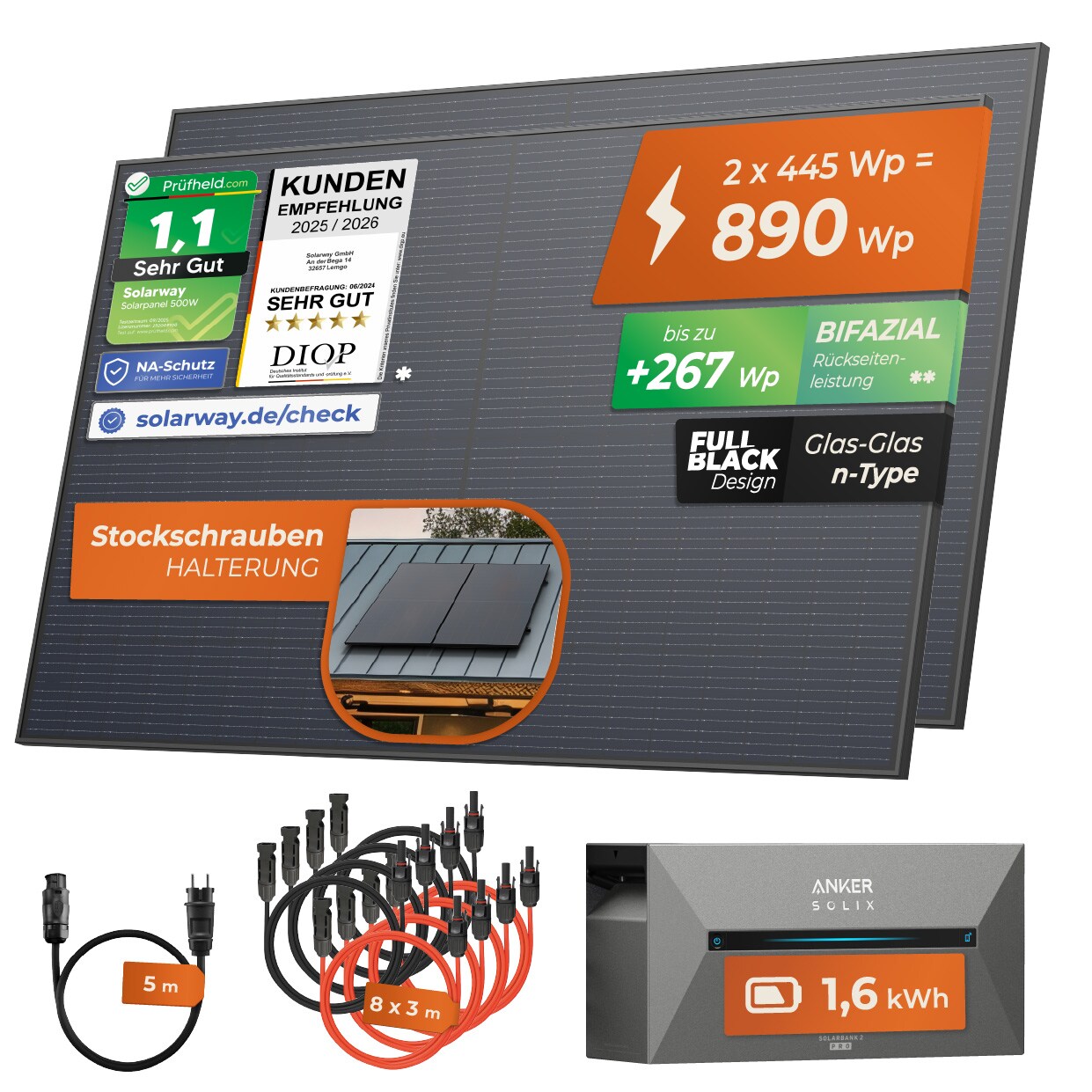 ® All In One Balkonkraftwerk mit Speicher 890W komplett Steckdose - 1,6 kWh Anker Solix 2 PRO Speicher - Solaranlage Komplettset - 445W bifaziale Solarmodule & Anker Speicher & Zubehör