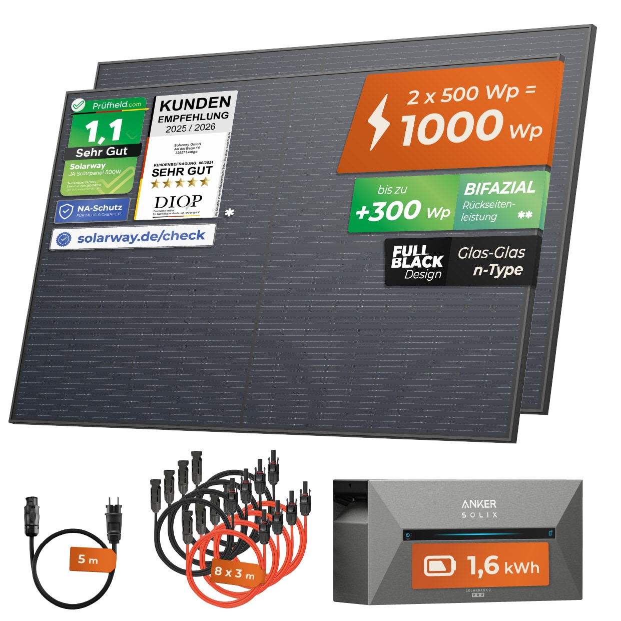 Solarway&reg; All In One Balkonkraftwerk mit Speicher 1000W komplett Steckdose - 1,6 kWh Anker Solix 2 PRO Speicher - Solaranlage Komplettset - 500W bifaziale Solarmodule & Anker Speicher & Zubeh&ouml;r 