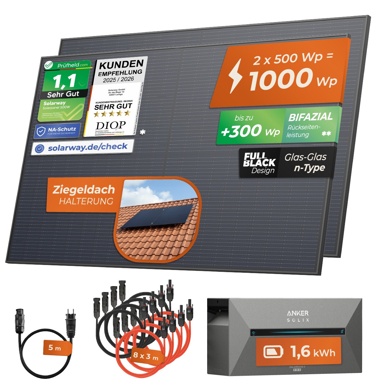 ® All In One Balkonkraftwerk mit Speicher 1000W komplett Steckdose - 1,6 kWh Anker Solix 2 PRO Speicher - Solaranlage Komplettset - 500W bifaziale Solarmodule & Anker Speicher & Zubehör