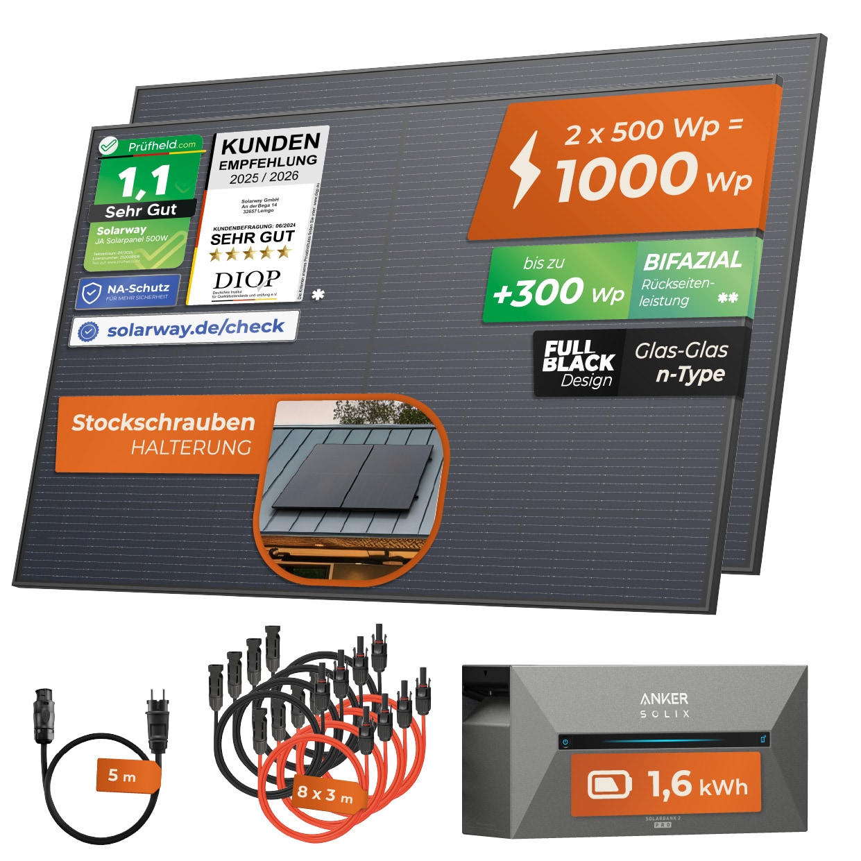 Solarway&reg; All In One Balkonkraftwerk mit Speicher 1000W komplett Steckdose - 1,6 kWh Anker Solix 2 PRO Speicher - Solaranlage Komplettset - 500W bifaziale Solarmodule & Anker Speicher & Zubeh&ouml;r 
