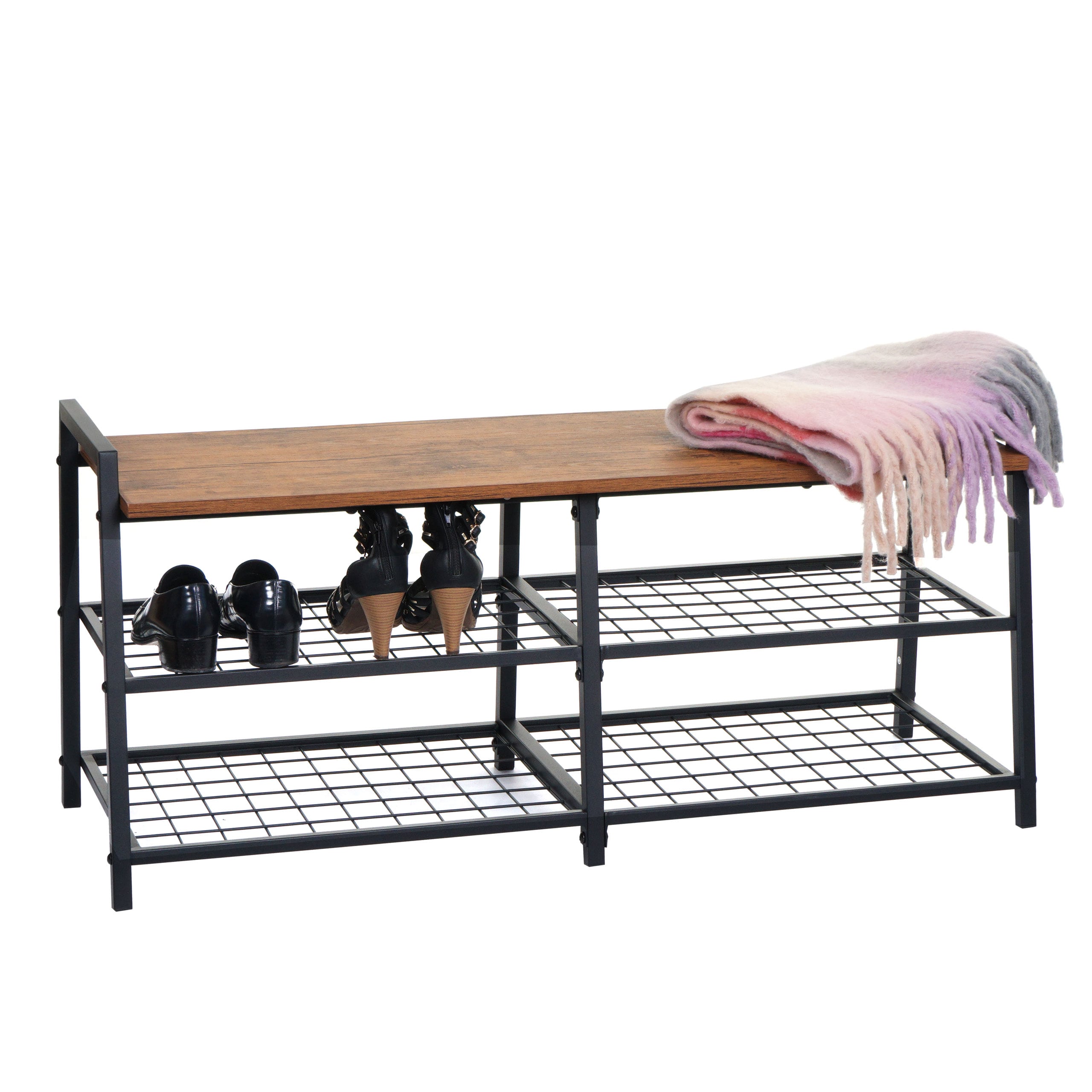 Schuhregal MCW-A27, Schuhschrank Schuhablage Sitzbank, 4 F&auml;cher Metall 3D-Struktur 40x107x38cm, Wildeiche-Optik 