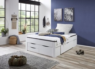 Stauraumbett Noah 140 x 200 cm, ohne Lattenrost mit 5 Bettschubladen, Ausf. Weiß Dekor 