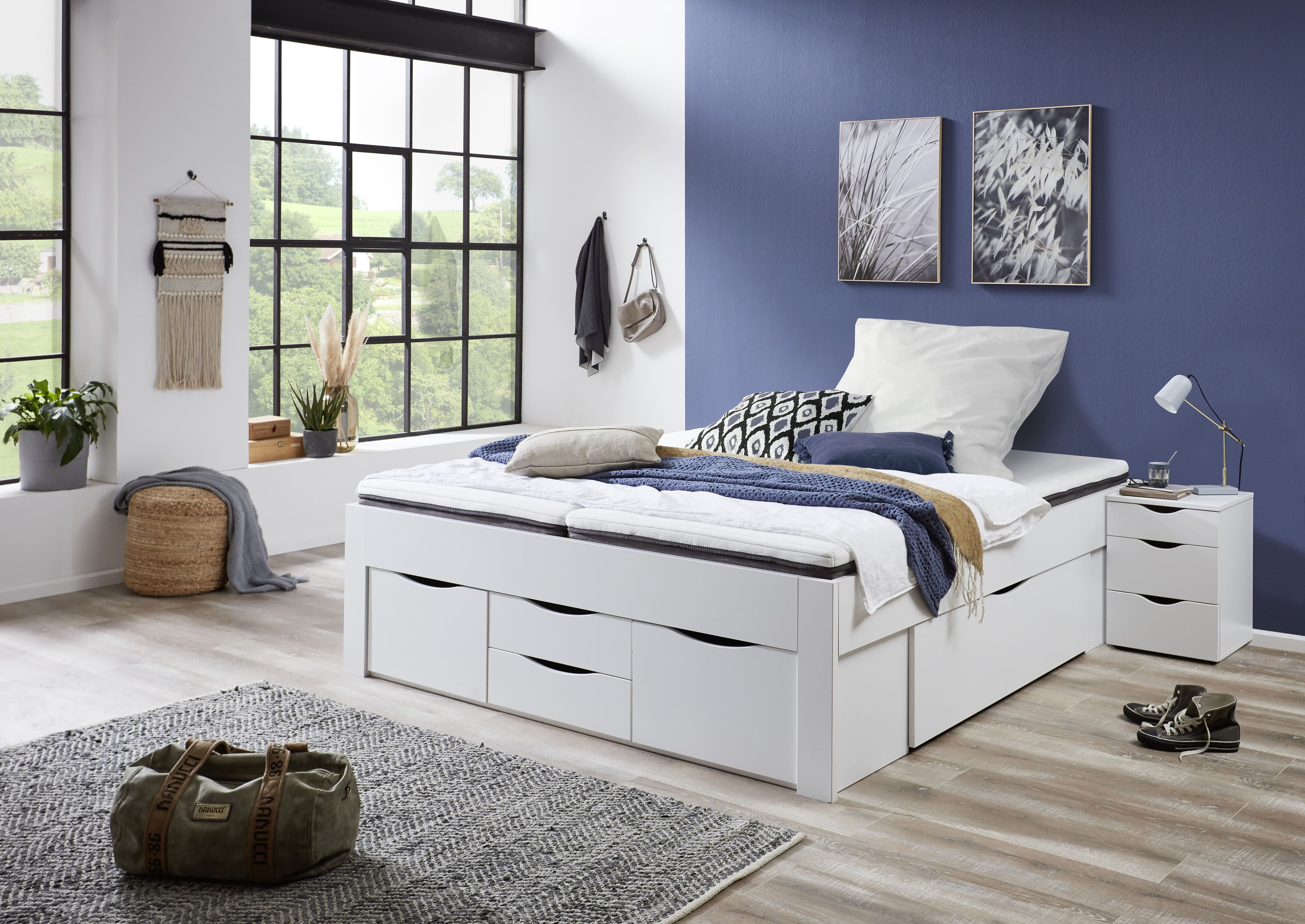 Stauraumbett Noah 180 x 200 cm, ohne Lattenrost mit 6 Bettschubladen, Ausf. Wei&szlig; Dekor 