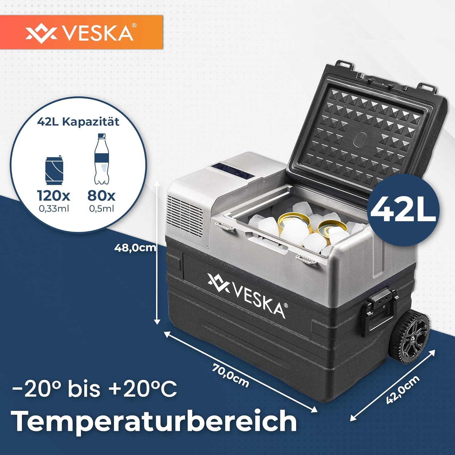 VESKA Kompressor K&uuml;hlbox elektrisch, Gefriertruhe mit APP-Steuerung - 42l anthrazit 