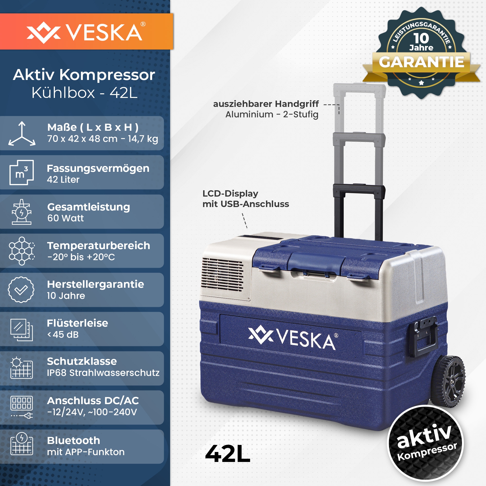 VESKA Kompressor K&uuml;hlbox elektrisch, Gefriertruhe mit APP-Steuerung - 42l blau 