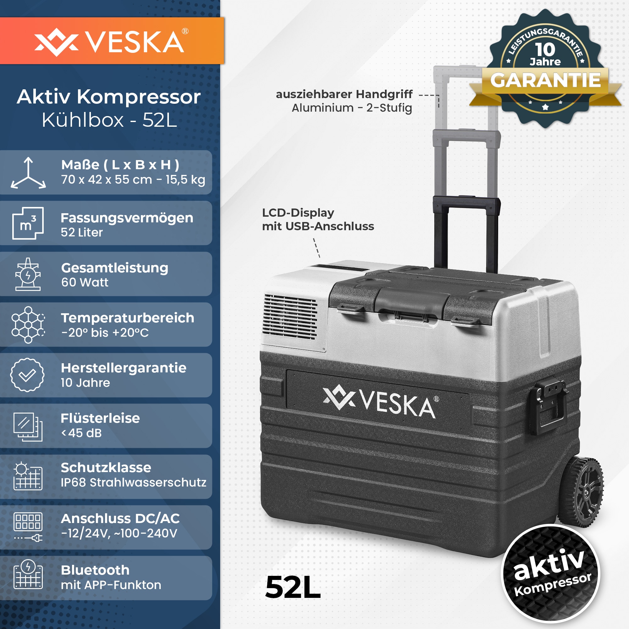 VESKA Kompressor K&uuml;hlbox elektrisch, Gefriertruhe mit APP-Steuerung - 52l anthrazit 