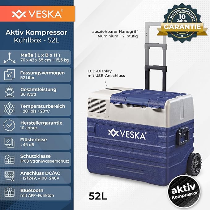 VESKA Kompressor Kühlbox elektrisch, Gefriertruhe mit APP-Steuerung -  blau