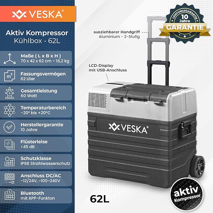 VESKA Kompressor Kühlbox elektrisch, Gefriertruhe mit APP-Steuerung -  anthrazit