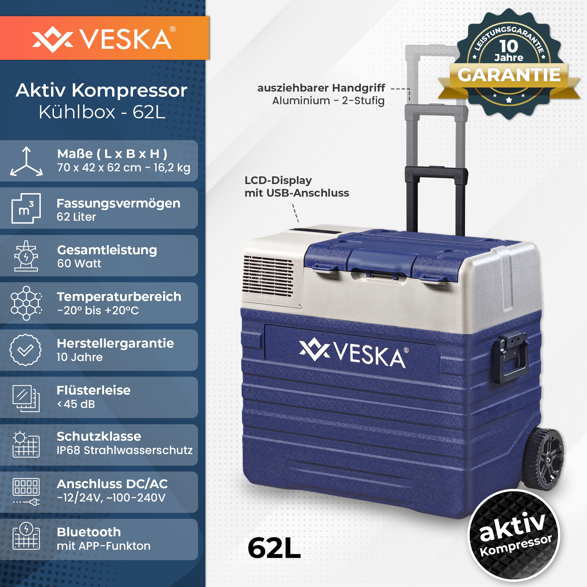 VESKA Kompressor Kühlbox elektrisch, Gefriertruhe mit APP-Steuerung -  blau