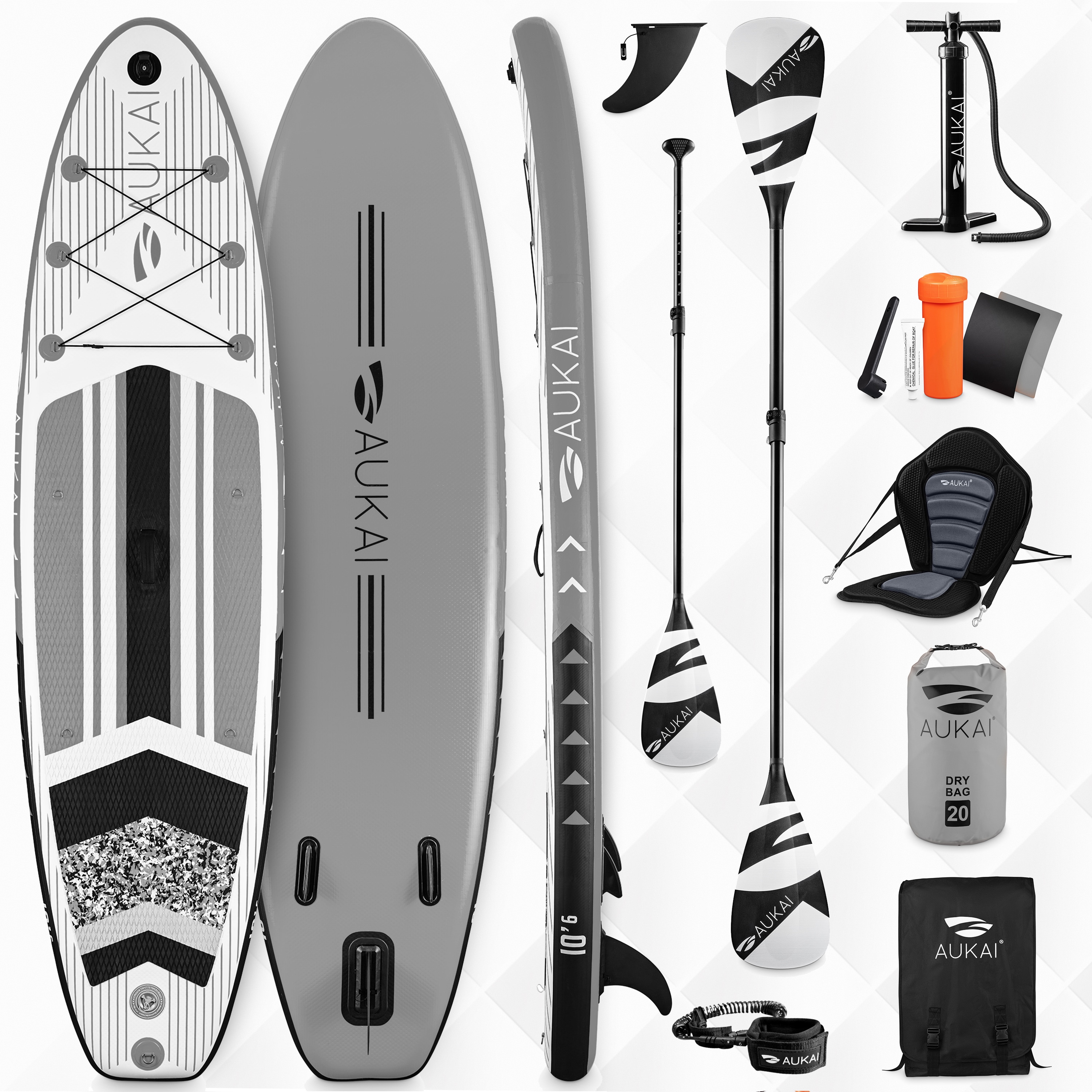 Stand Up Paddle Board "AUKAI Pro" mit Kajak-Sitz grau 