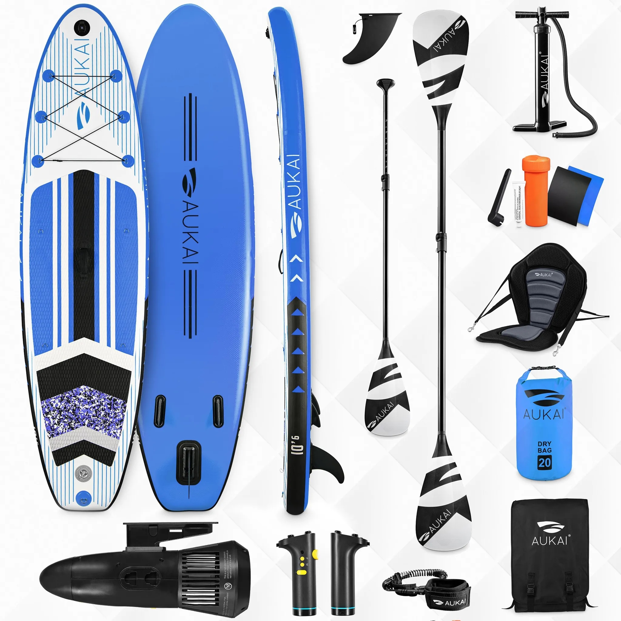 Stand Up Paddle Board "AUKAI Pro" mit Kajak-Sitz und Motor blau 