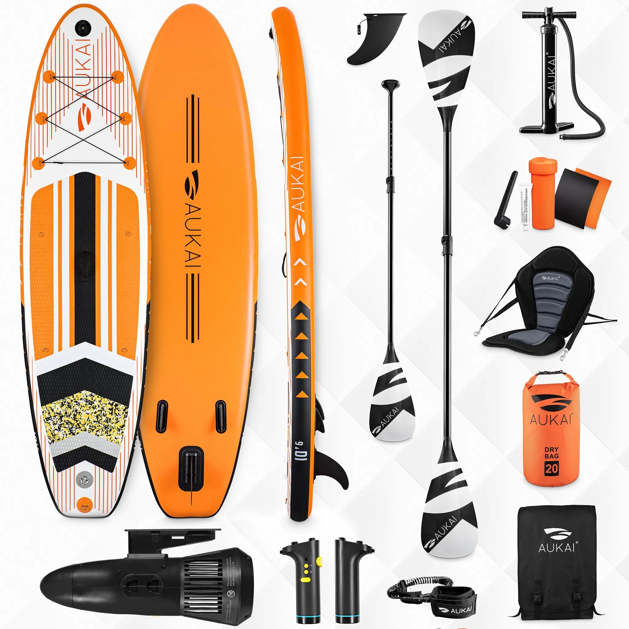 Stand Up Paddle Board "AUKAI Pro" mit Kajak-Sitz und Motor orange 