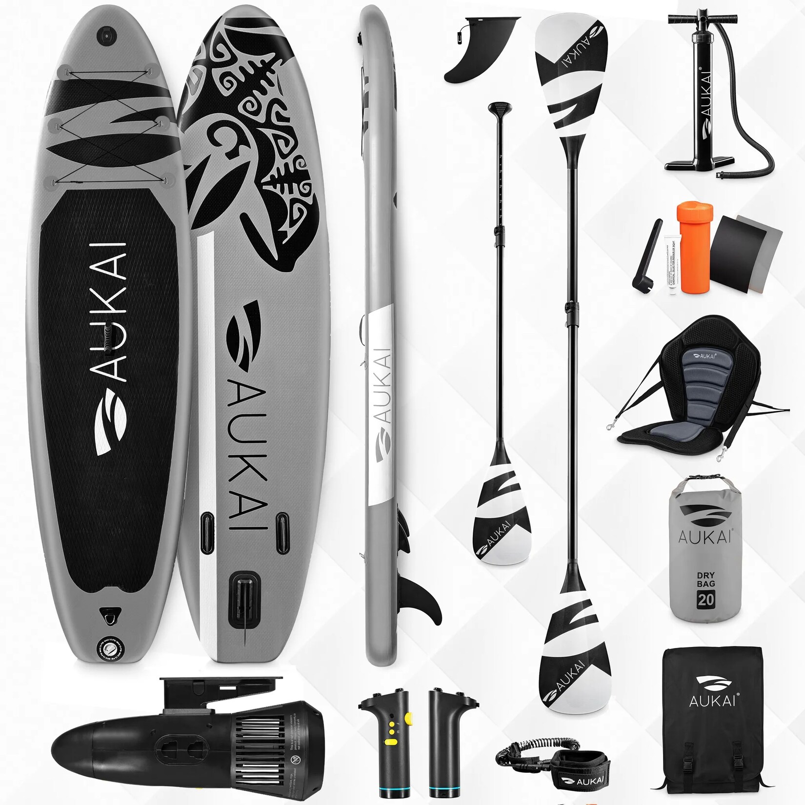Stand Up Paddle Board "AUKAI Pro Ocean" mit Kajak-Sitz und Motor grau