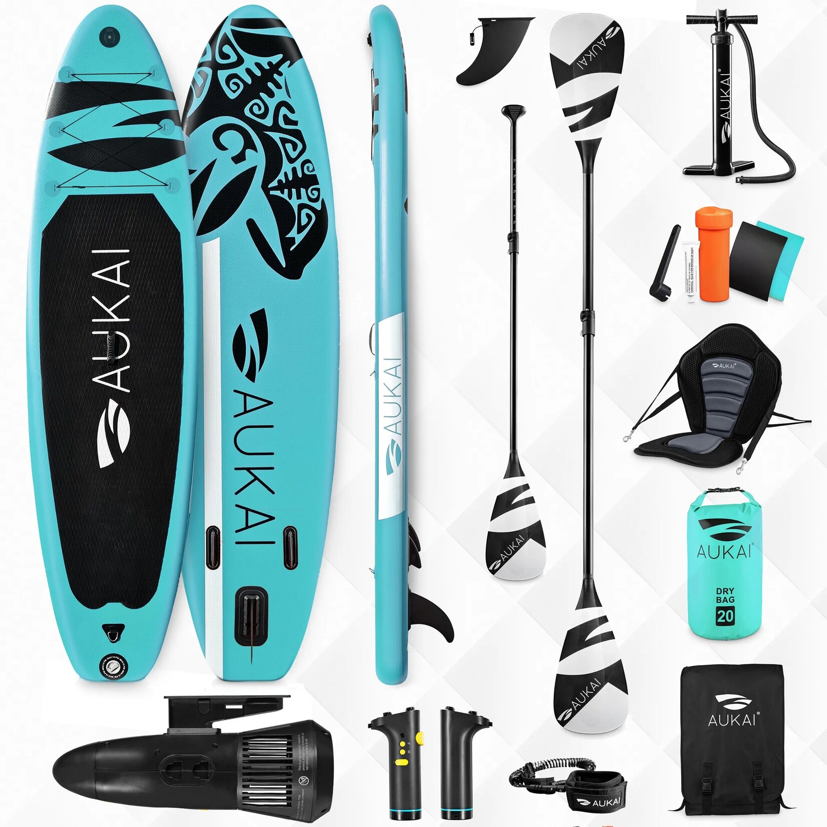 Stand Up Paddle Board "AUKAI Pro Ocean" mit Kajak-Sitz und Motor türkis