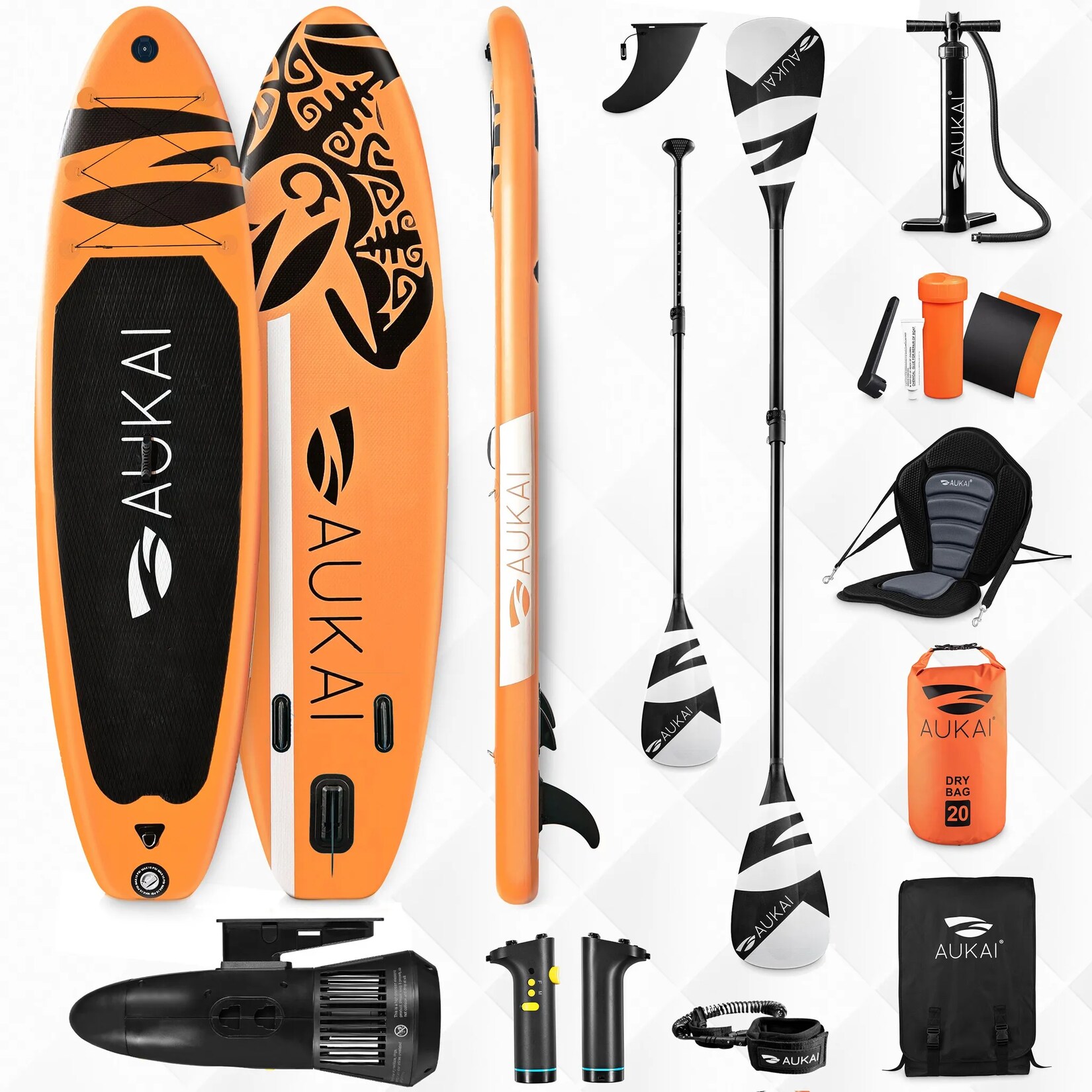 Stand Up Paddle Board "AUKAI Pro Ocean" mit Kajak-Sitz und Motor orange