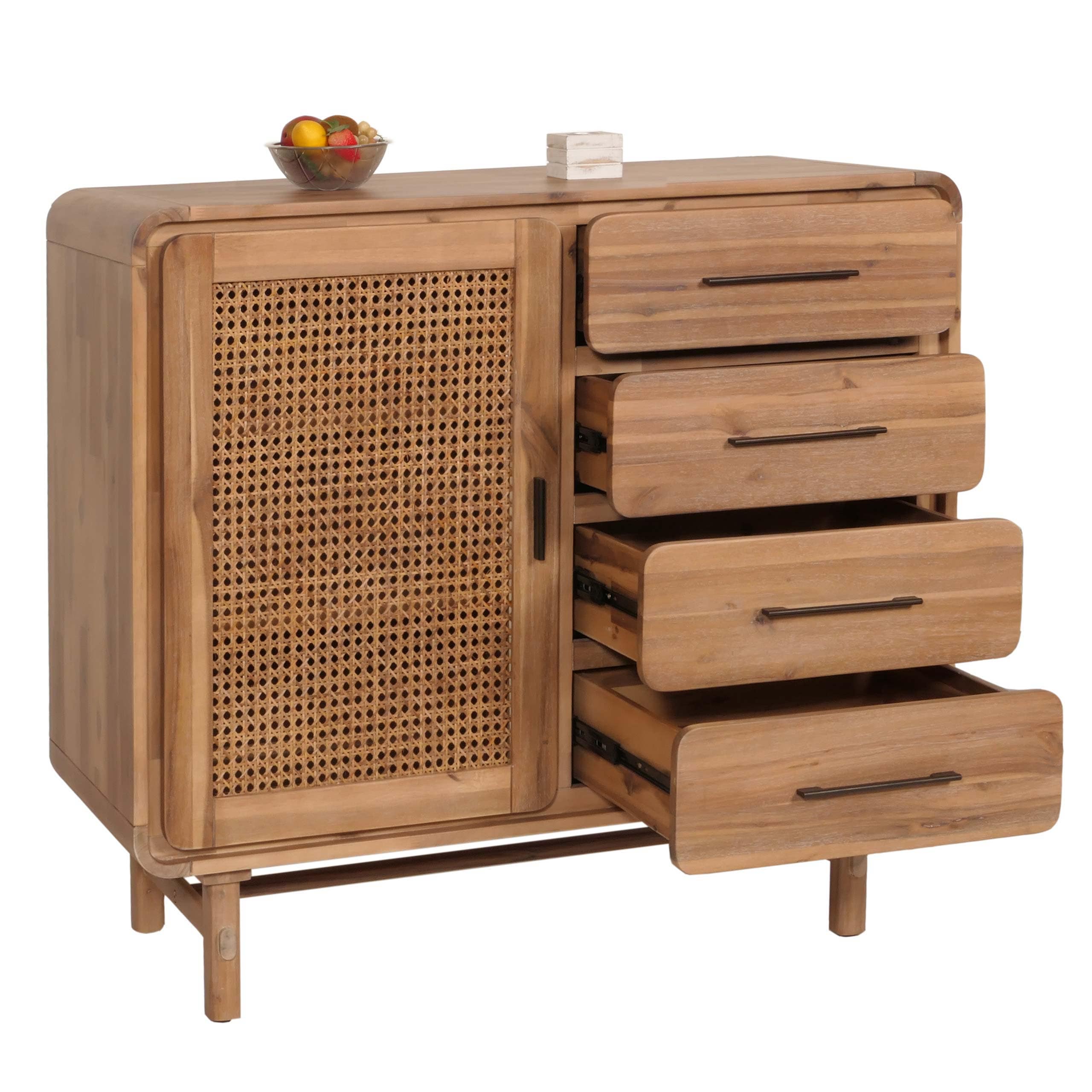 Kommode MCW-M47, Schrank Sideboard Highboard, Stauf&auml;cher Schublade, Rattan Akazie Massiv-Holz gebeizt 101x109x45cm 44kg 