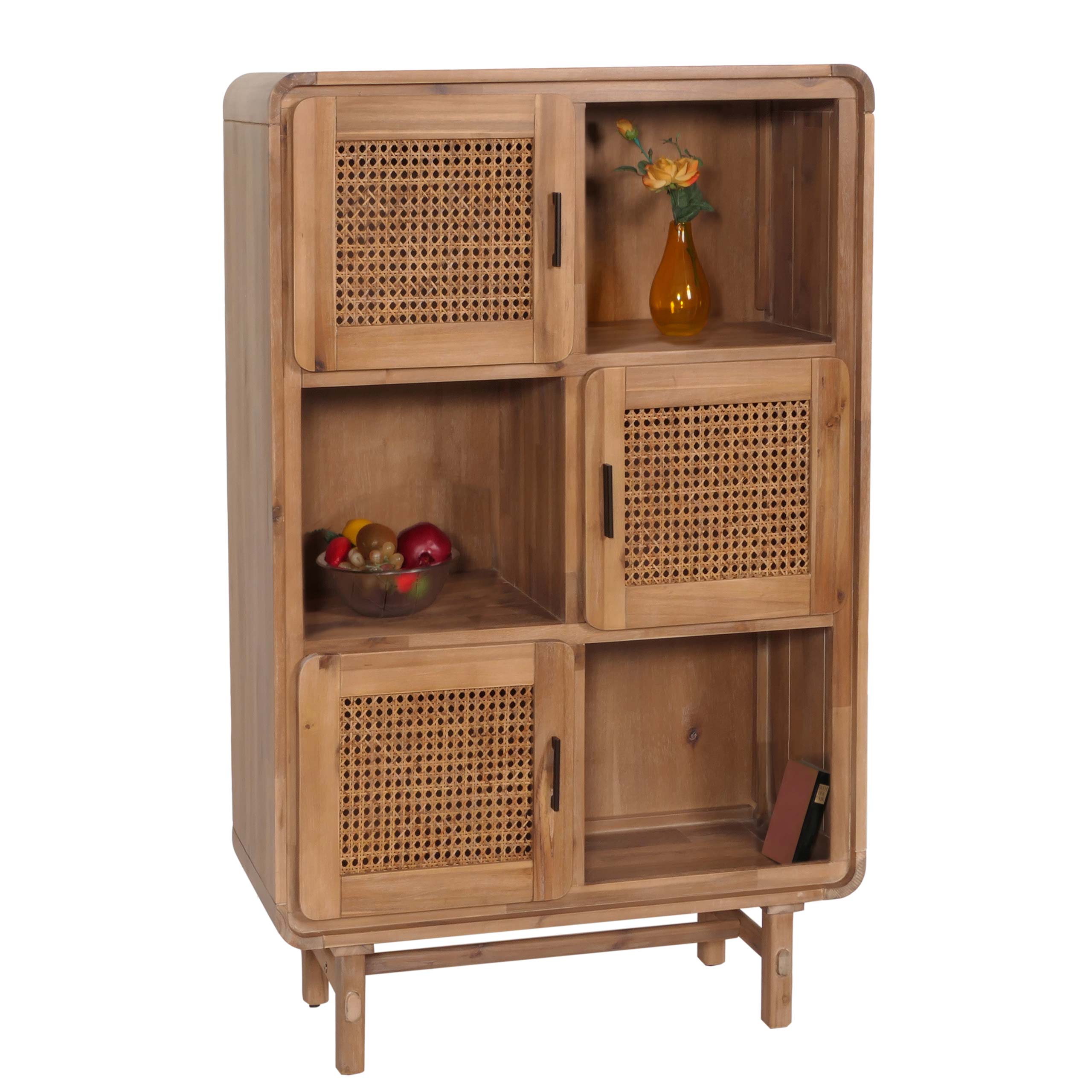 Highboard MCW-M47, Kommode Schrank Sideboard, Stauf&auml;cher, Rattan Akazie Massiv-Holz gebeizt 141x90x35cm 32kg 
