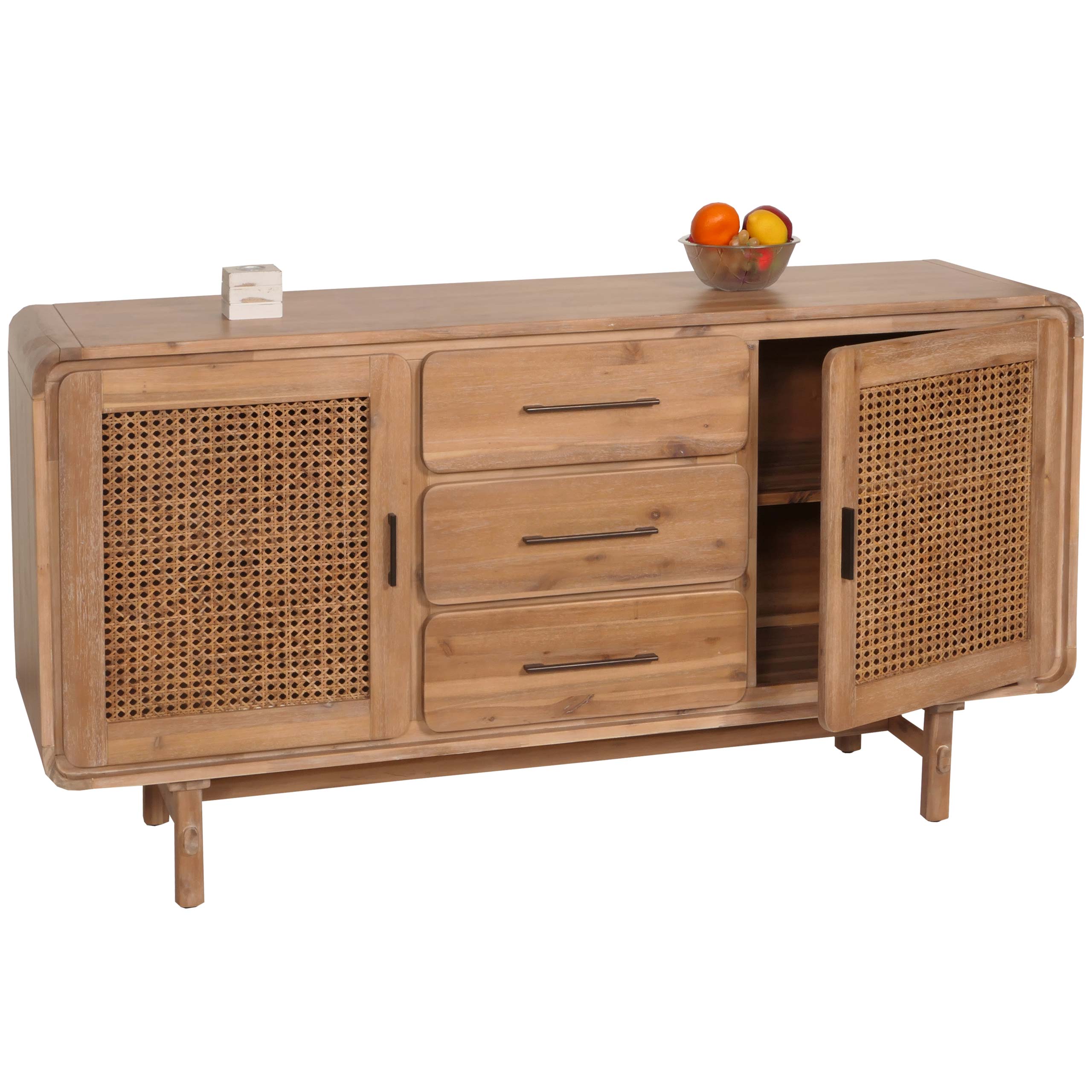 Sideboard MCW-M47, Schrank Kommode Highboard, Stauf&auml;cher Schublade, Rattan Akazie Massiv-Holz gebeizt 83x160x45cm 47kg 