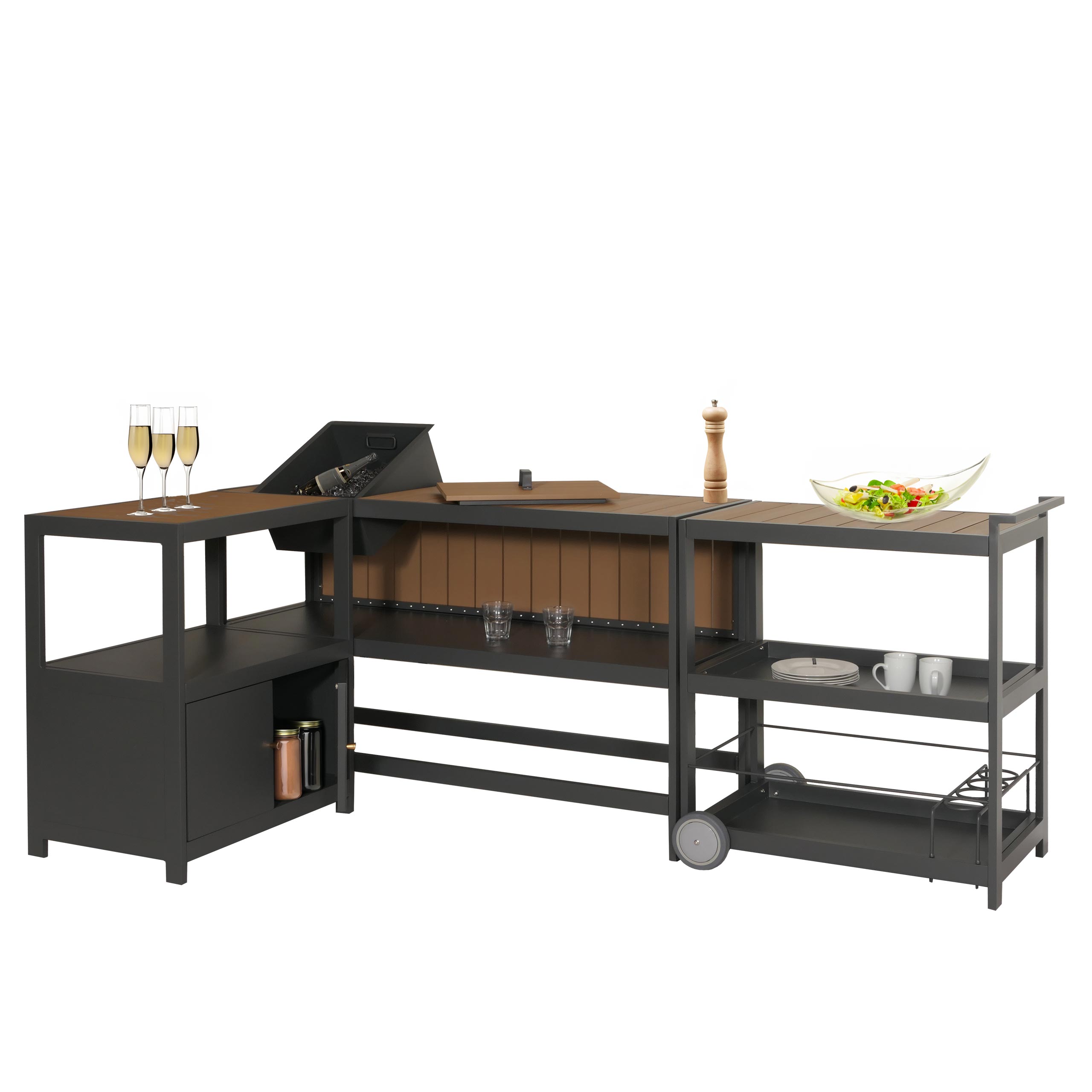Aluminium Outdoor-K&uuml;che 3-teilig MCW-M64, Au&szlig;enk&uuml;che Garten Servierwagen Eisk&uuml;bel Schrank ~ anthrazit, helle Holzoptik 
