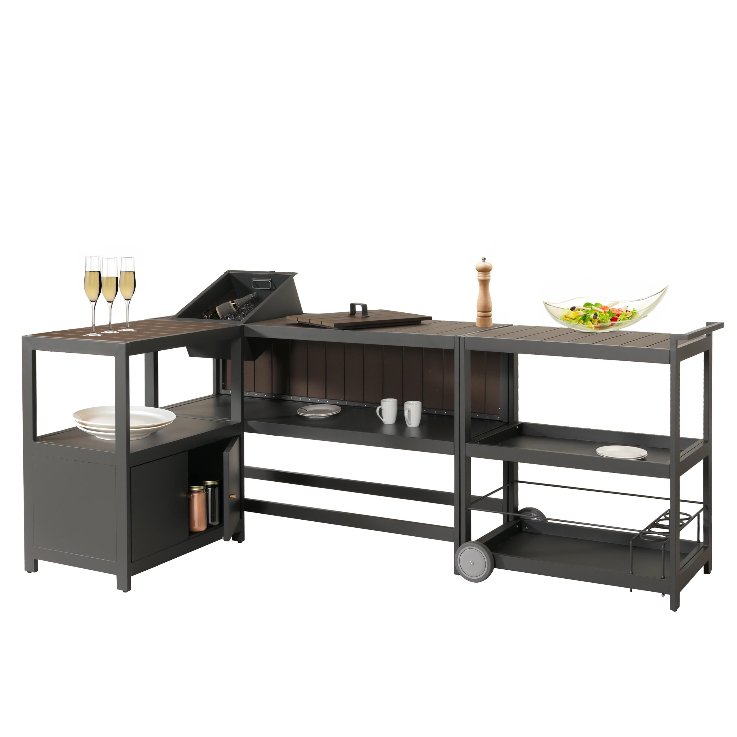 Aluminium Outdoor-K&uuml;che 3-teilig MCW-M64, Au&szlig;enk&uuml;che Garten Servierwagen Eisk&uuml;bel Schrank ~ anthrazit, dunkle Holzoptik 