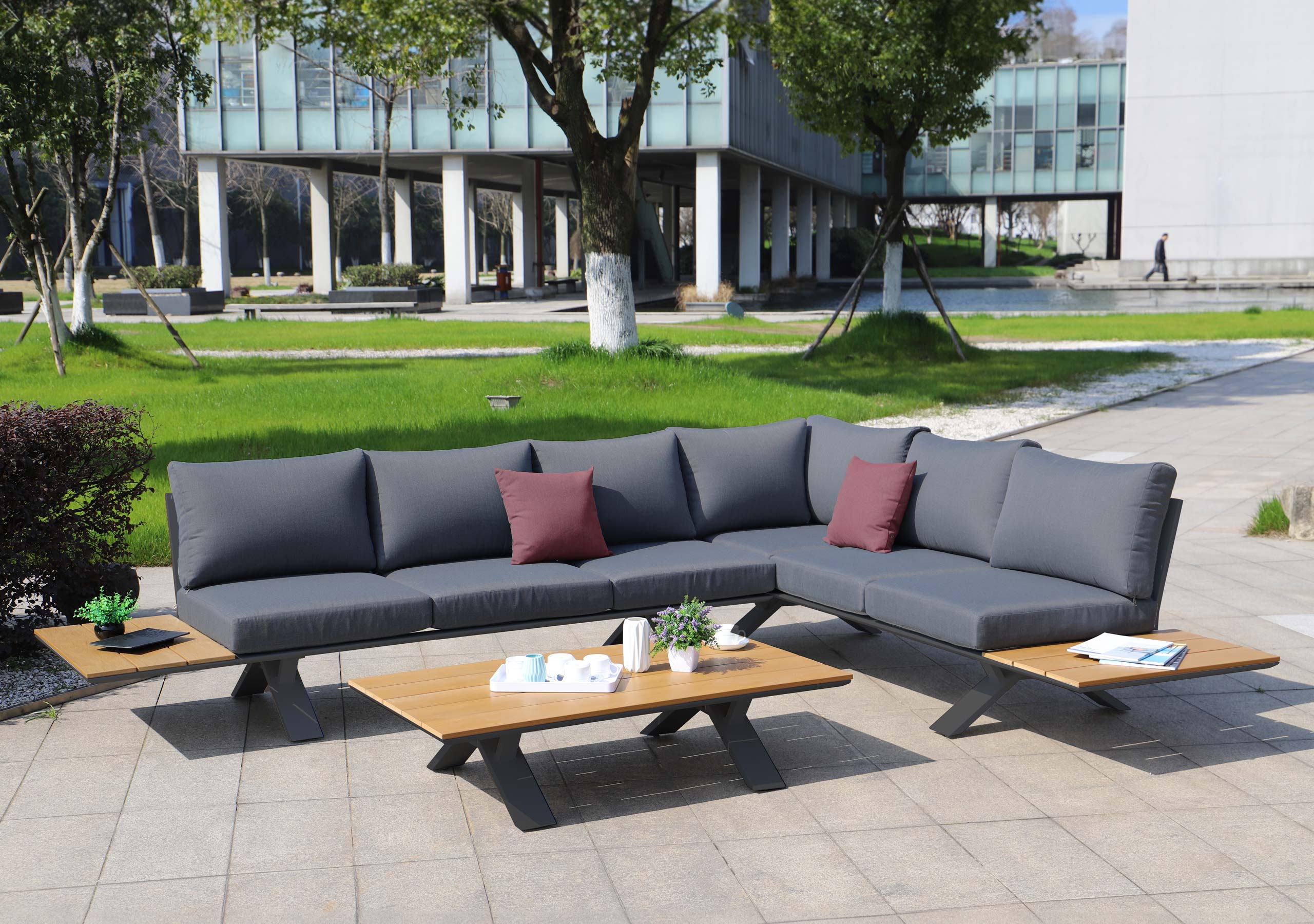 Aluminium Garten-Garnitur MCW-M62, Sitzgruppe Garten-/Lounge-Set Sofa, Holzoptik ~ Gestell anthrazit, Polster dunkelgrau 