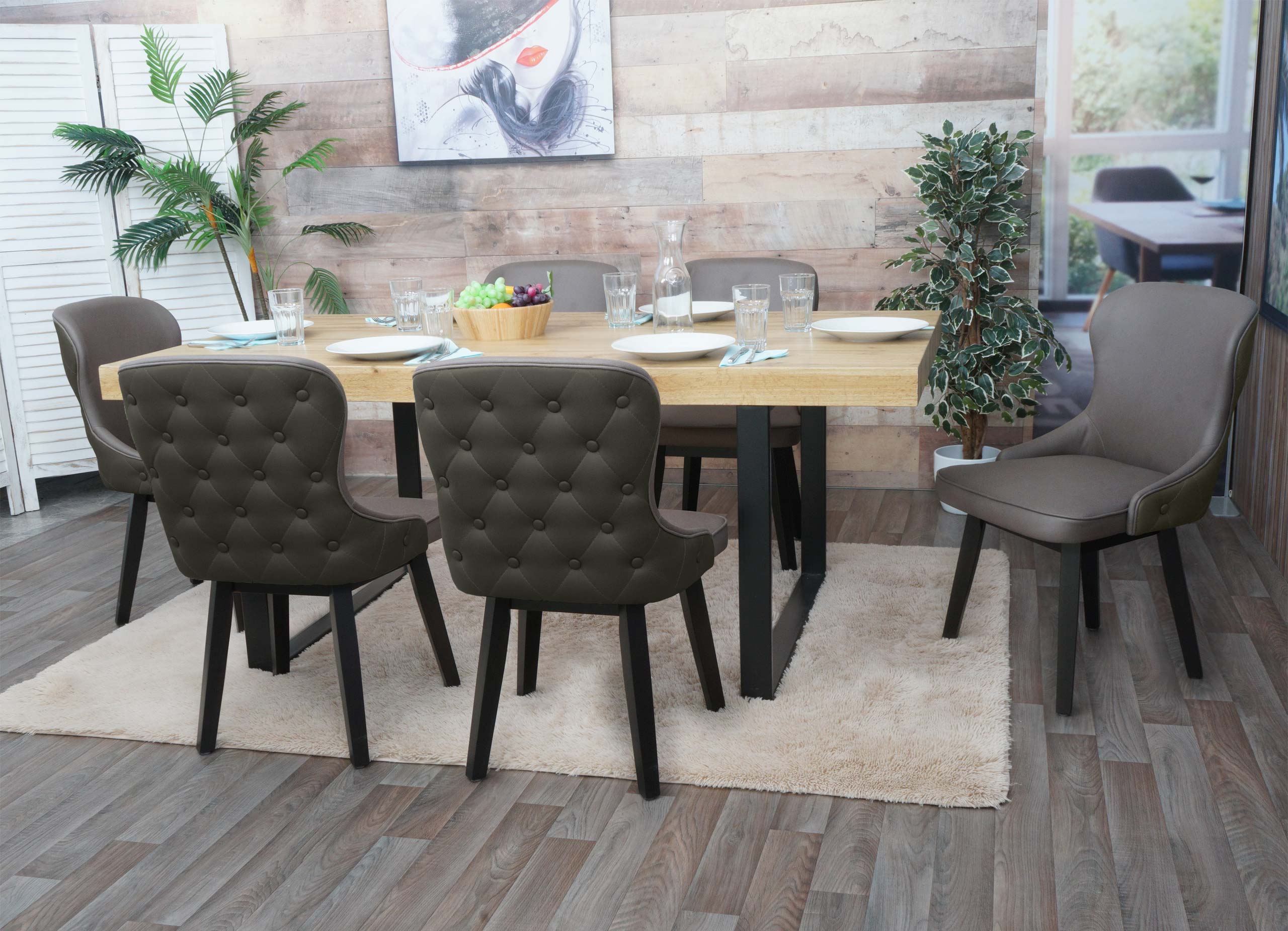 6er-Set Esszimmerstuhl MCW-M60, Polsterstuhl K&uuml;chenstuhl Lehnstuhl Stuhl, Stoff/Textil Massiv-Holz ~ dunkelgr&uuml;n-grau 