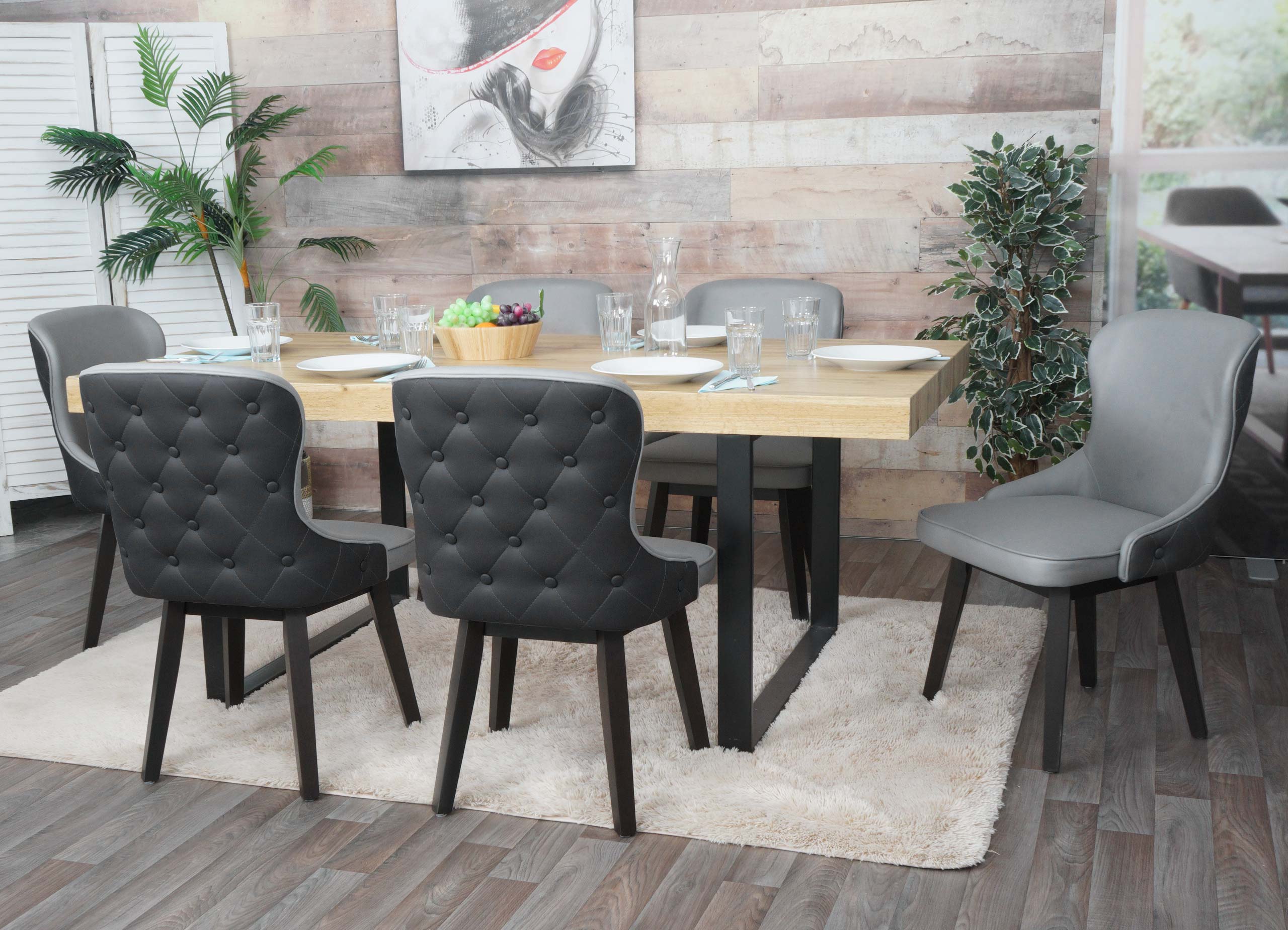 6er-Set Esszimmerstuhl MCW-M60, Polsterstuhl K&uuml;chenstuhl Lehnstuhl Stuhl, Stoff/Textil Massiv-Holz ~ dunkelgrau-hellgrau 