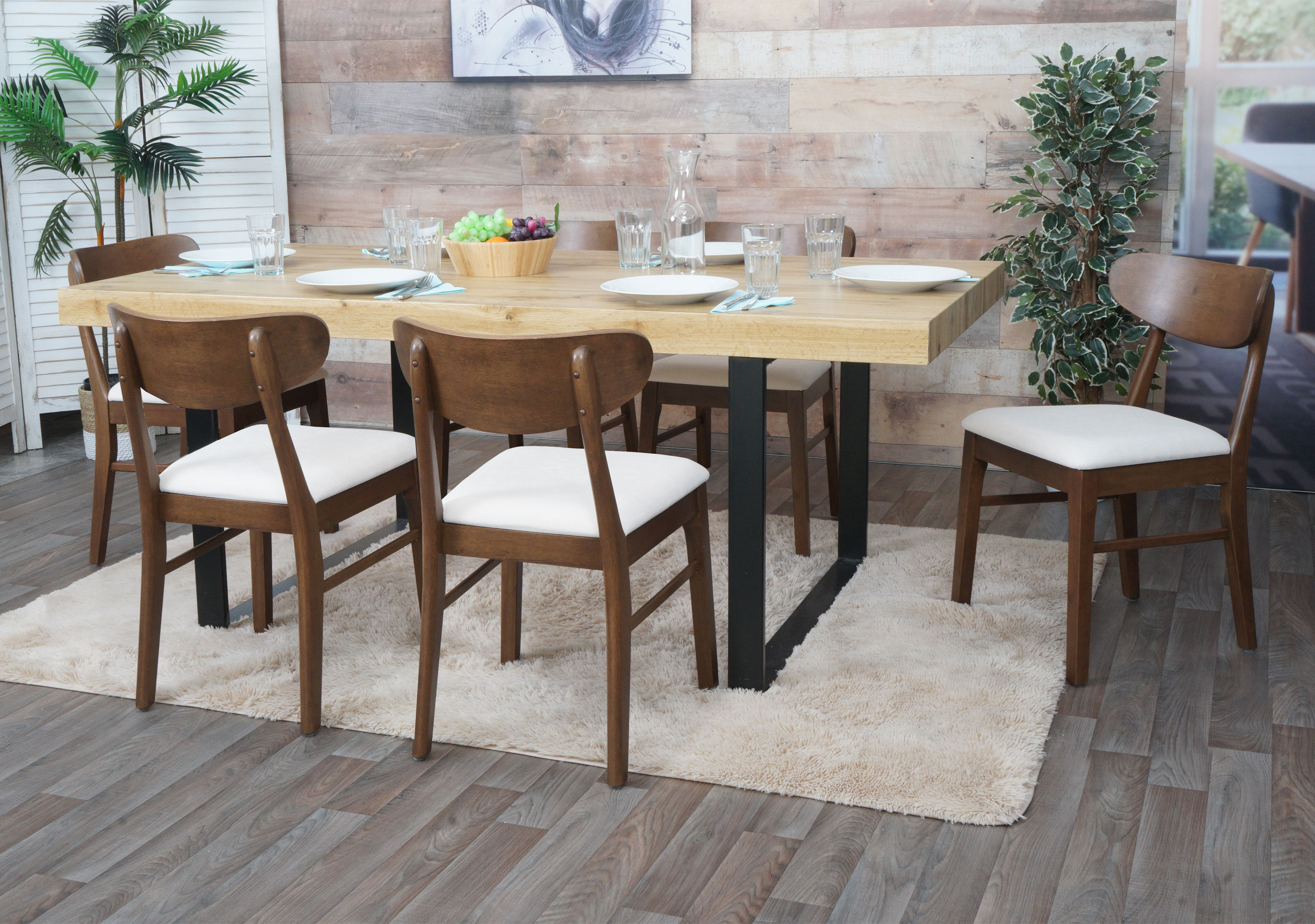 6er-Set Esszimmerstuhl MCW-M59, K&uuml;chenstuhl Stuhl, Stoff/Textil Massiv-Holz ~ dunkles Gestell, creme 