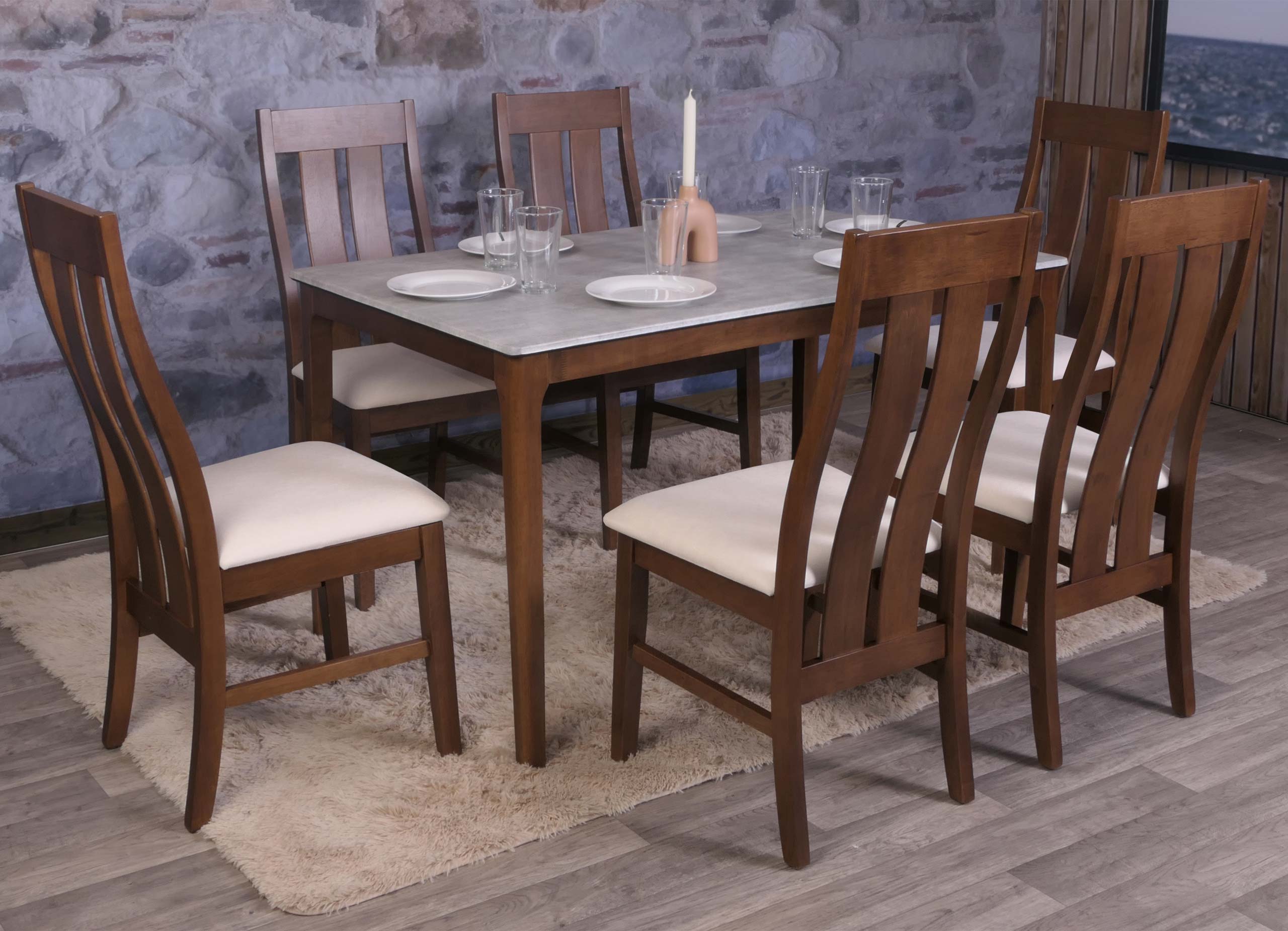 6er-Set Esszimmerstuhl MCW-M58, K&uuml;chenstuhl Lehnstuhl Stuhl, Stoff/Textil Massiv-Holz ~ dunkles Gestell, creme 