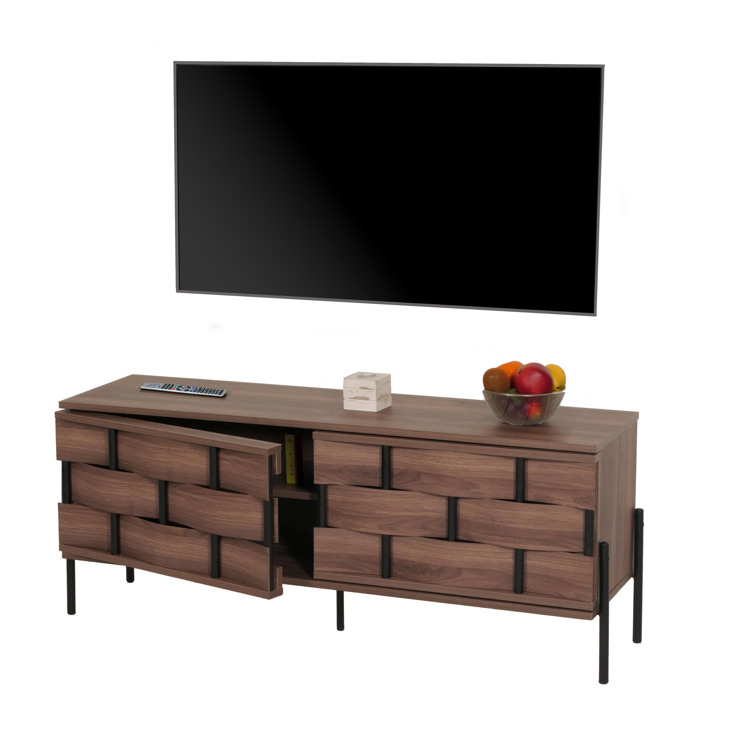 TV-Rack MCW-M44, Fernsehtisch Lowboard TV-Schrank Kommode, Stauf&auml;cher, 3D-Flecht-Design Push-to-open T&uuml;ren 120cm, braun 