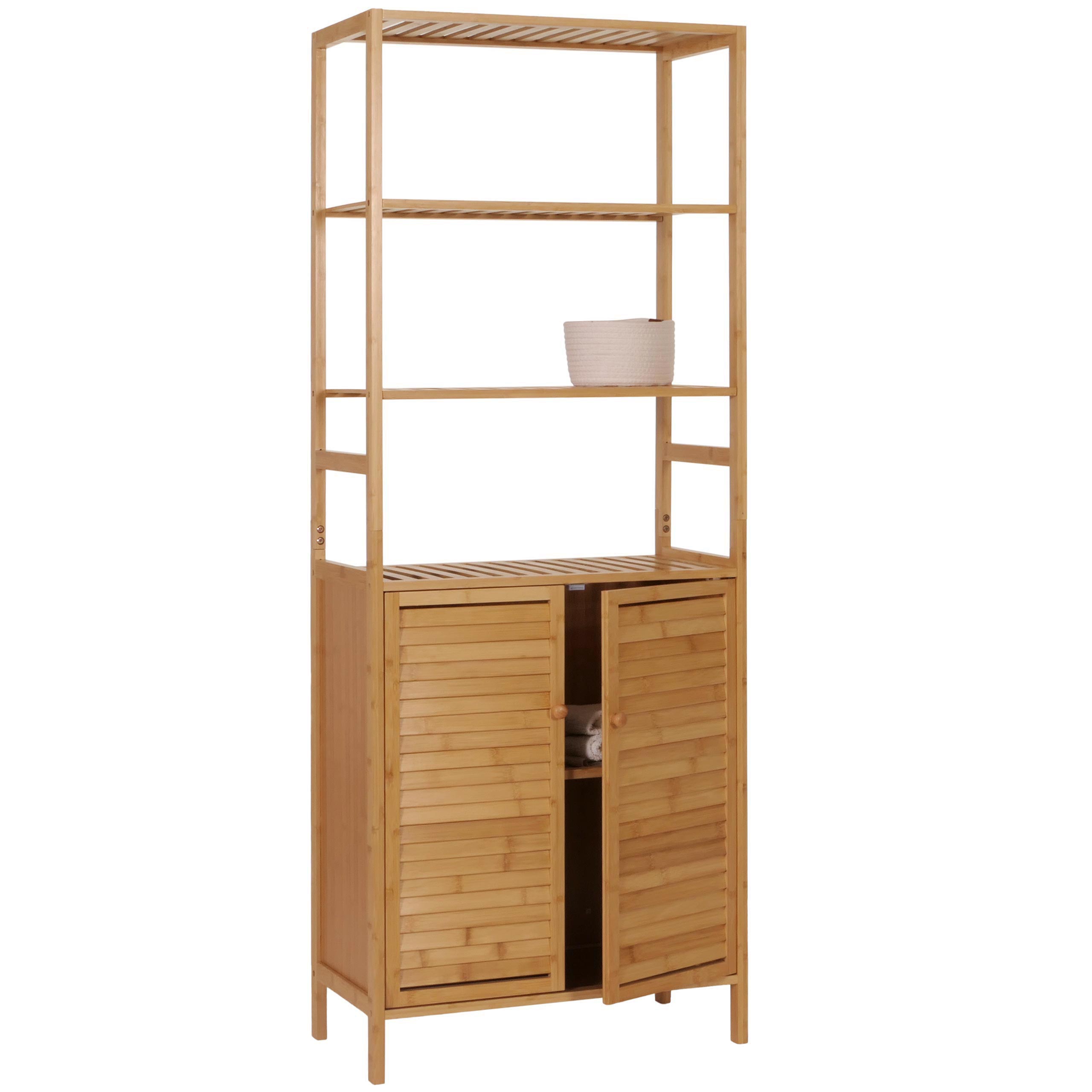 Hochschrank MCW-B18, Badschrank Badregal Schrank Regal, 2 T&uuml;ren 4 Regalb&ouml;den Bambus MDF MVG-zertifiziert 168x64x33cm 