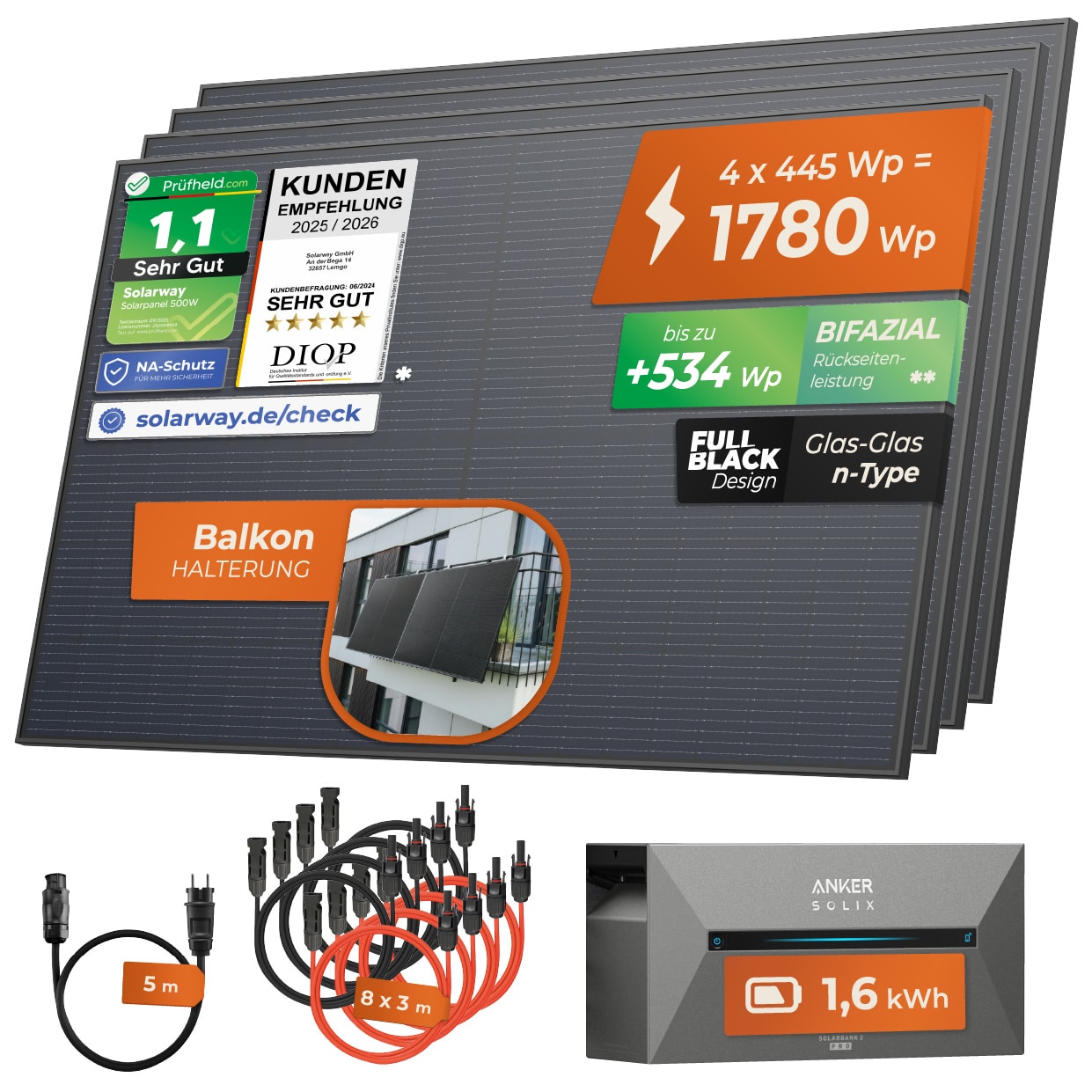 1780W + Anker 2 PRO Solarway&reg; All In One Balkonkraftwerk mit Speicher 1780W komplett Steckdose - 1,6 kWh Anker Solix 2 PRO Speicher - Solaranlage Komplettset - 445W bifaziale Solarmodule & Anker Speicher & Zubeh&ouml;r 